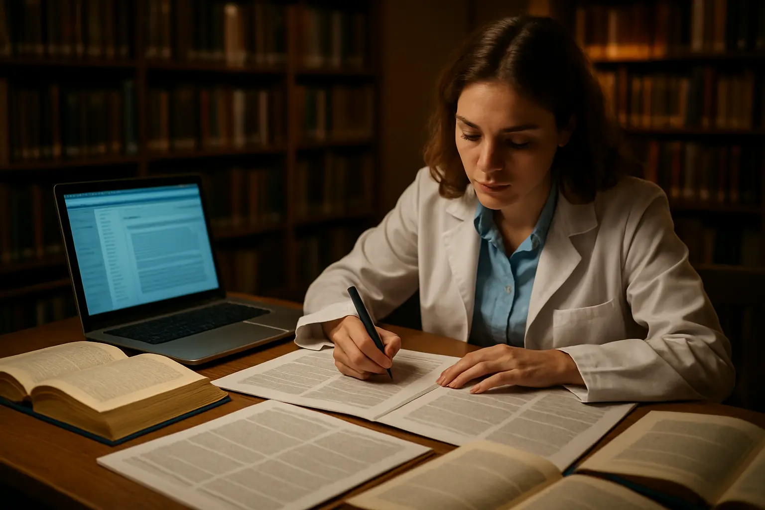 Étudiant en pharmacie consultant des articles scientifiques pour rédiger sa bibliographie de thèse