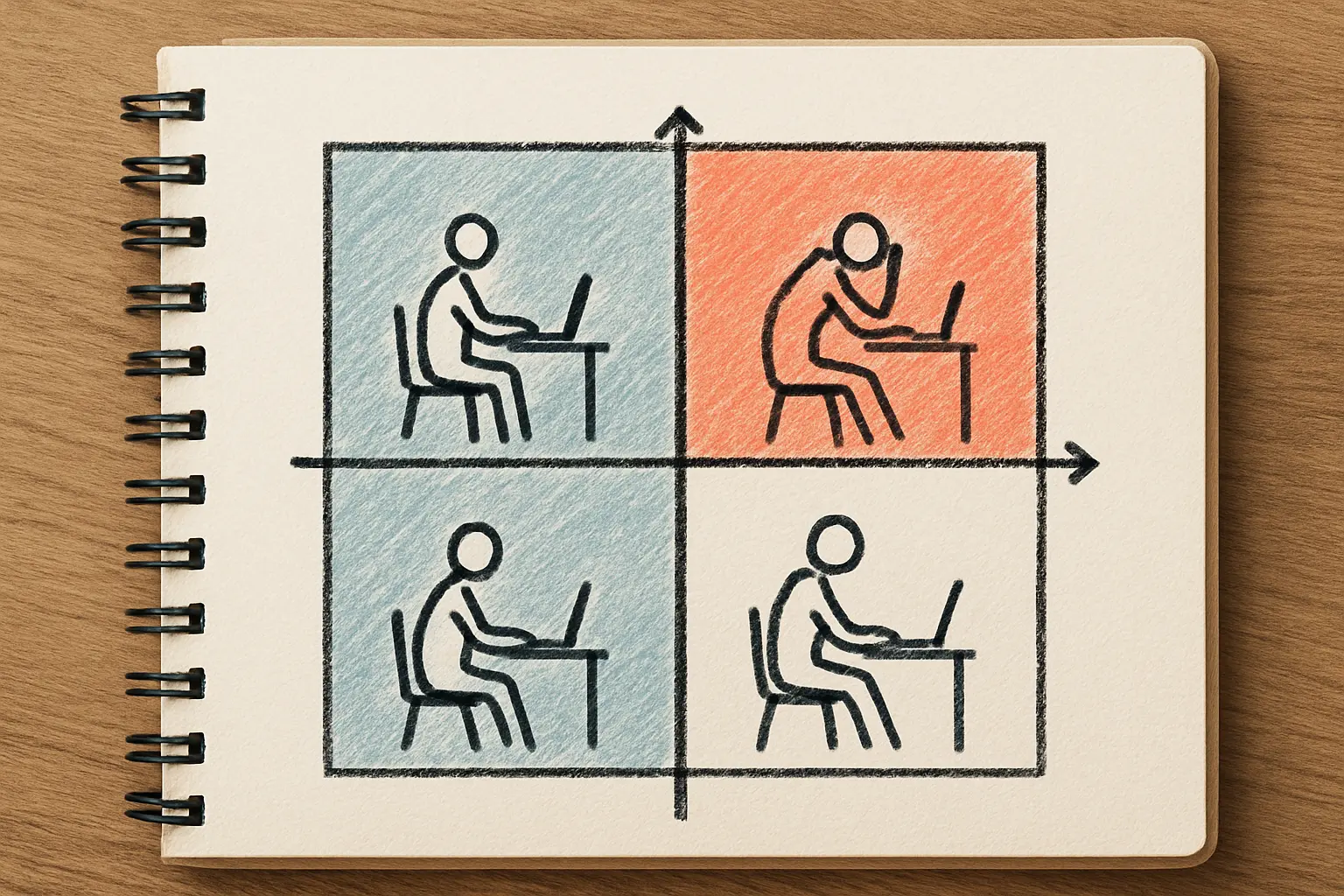Matrice à quatre quadrants du modèle de Karasek avec la zone de job strain mise en évidence