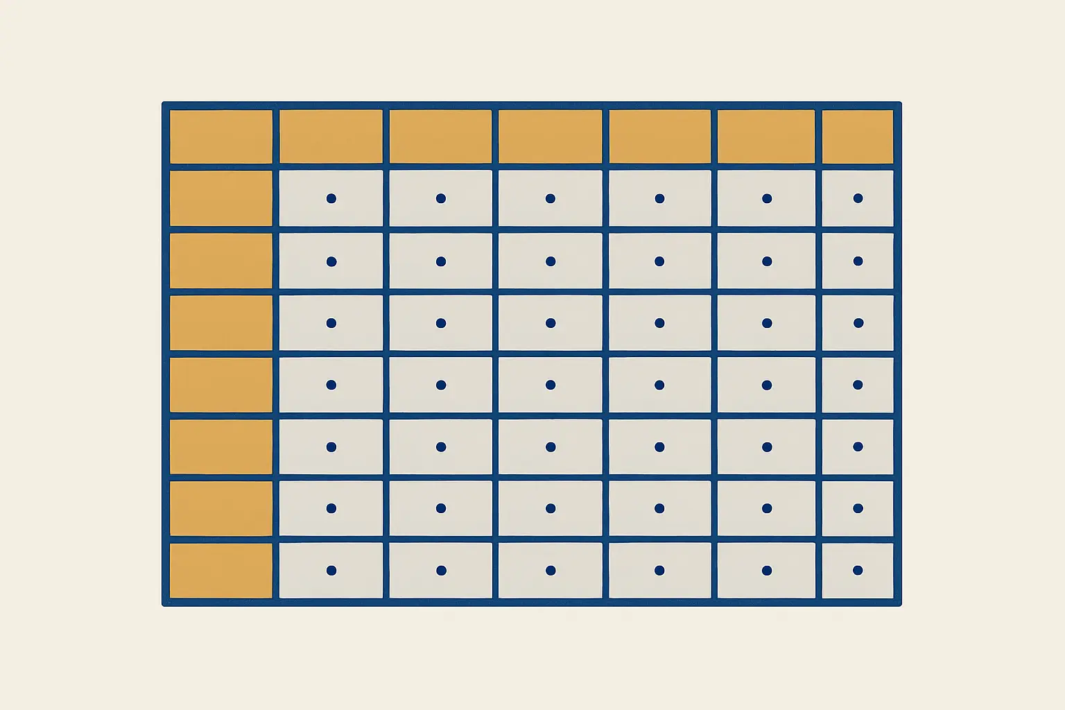 Grille de tableur propre avec une ligne d'en-tête et une colonne d'identifiants distinguées