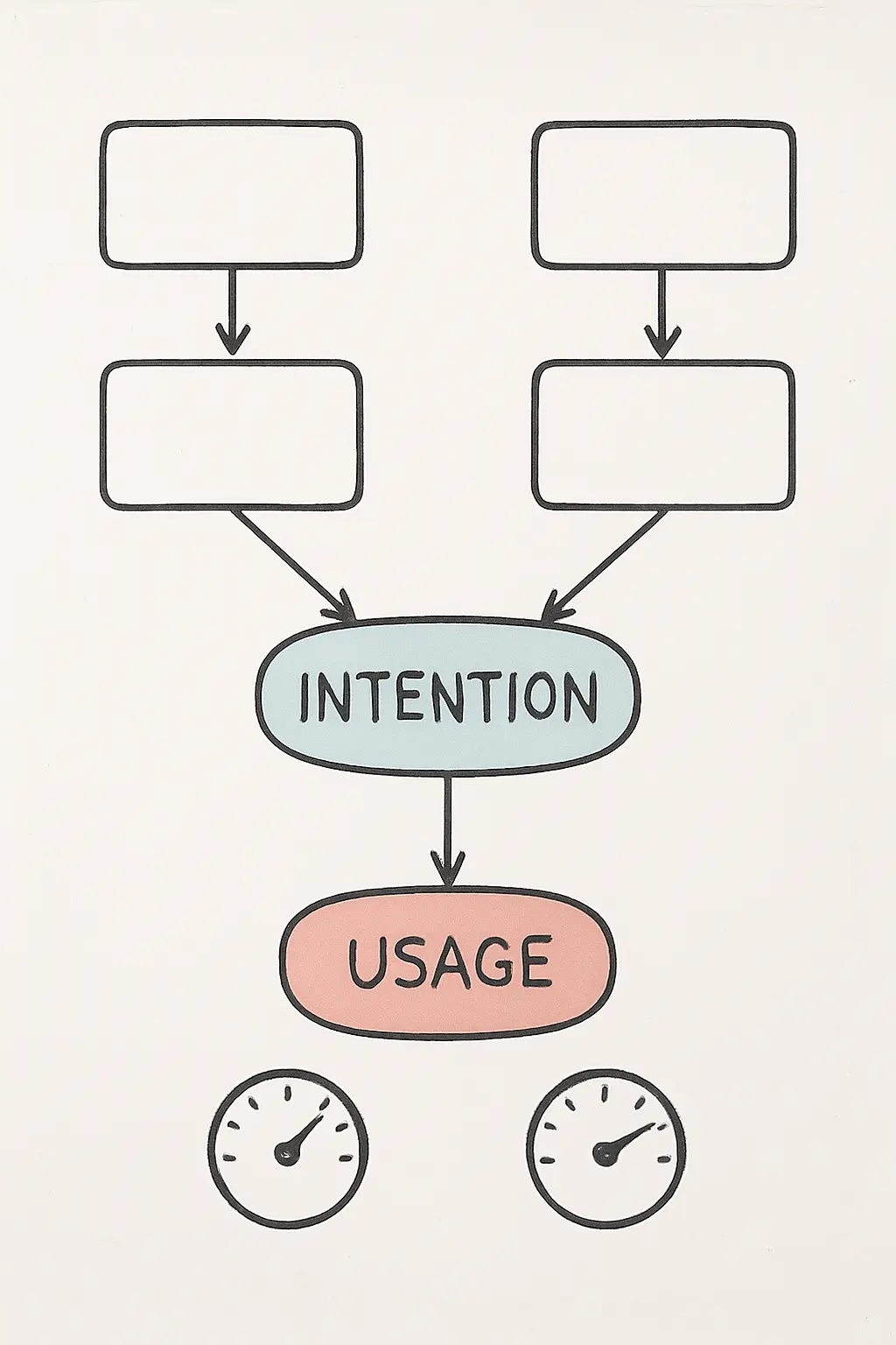 Schéma des quatre construits UTAUT convergeant vers l'intention puis l'usage