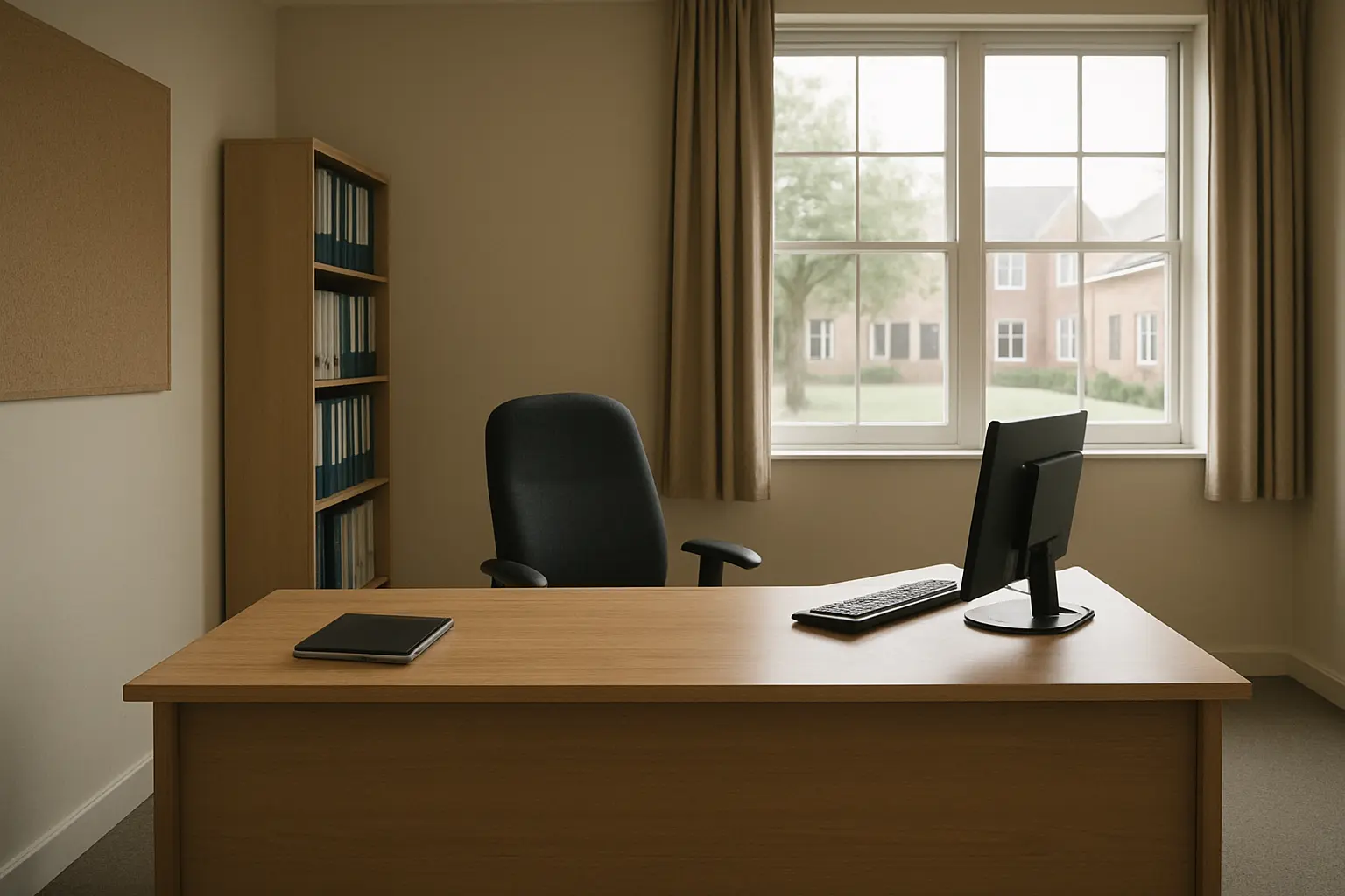 Bureau de direction vide avec des dossiers rangés et une fenêtre donnant sur une cour