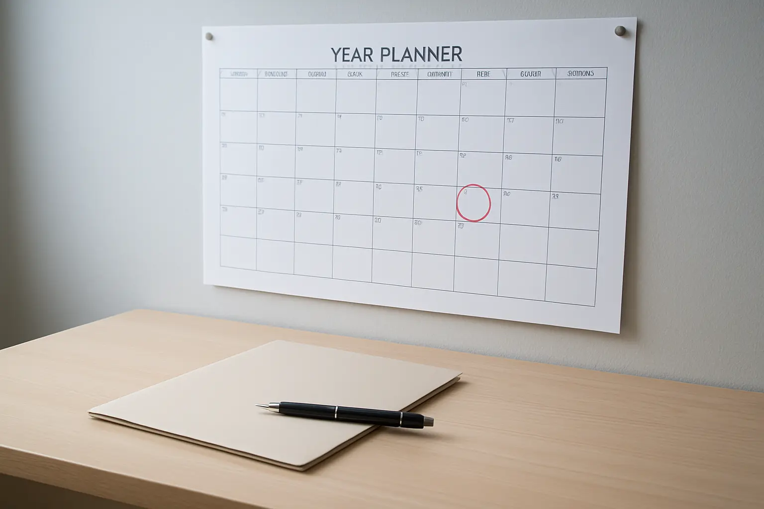 Calendrier mural annoté à côté d'un dossier de stage