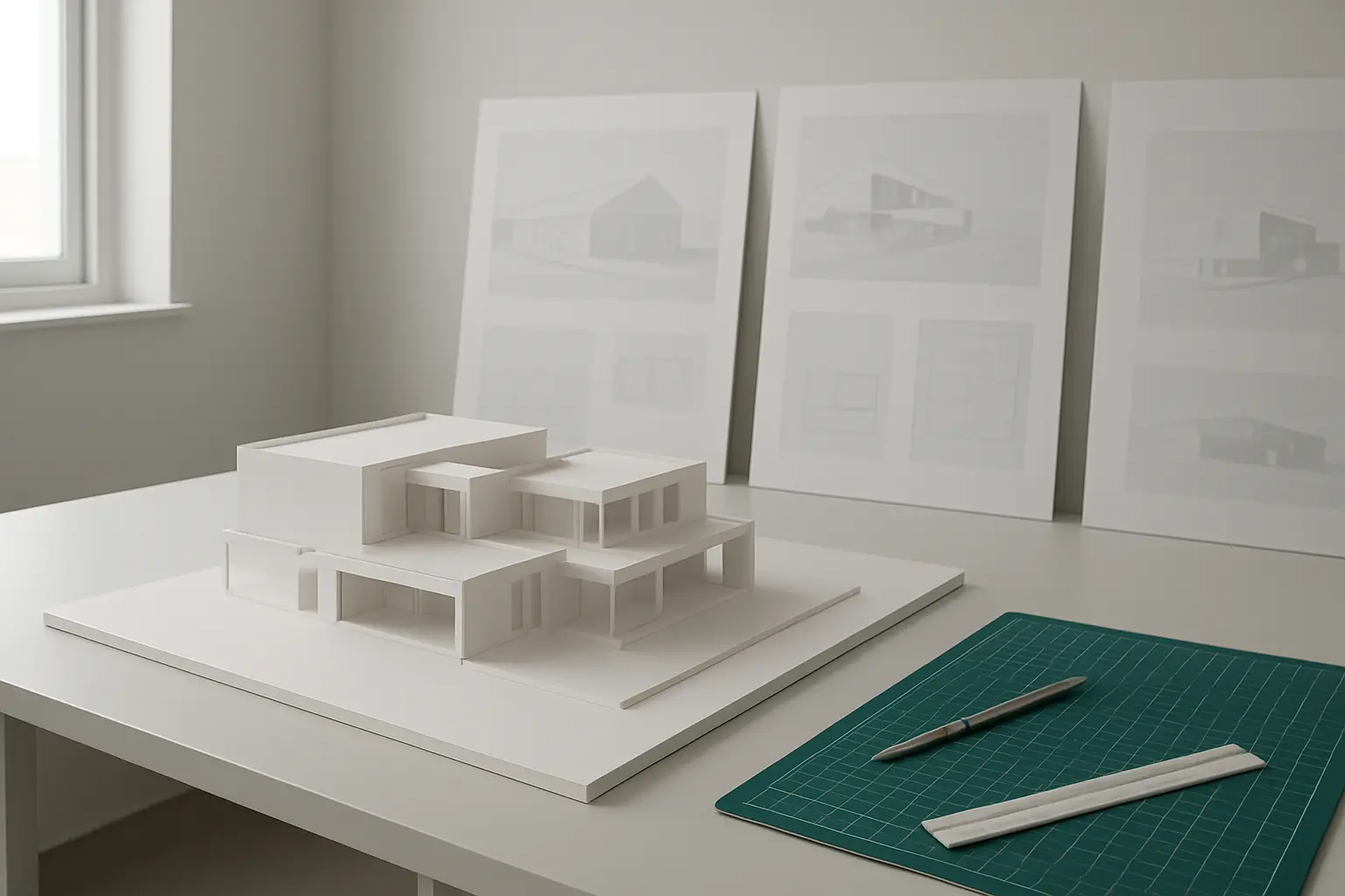 Atelier de projet avec maquette et planches de projet de fin d'études