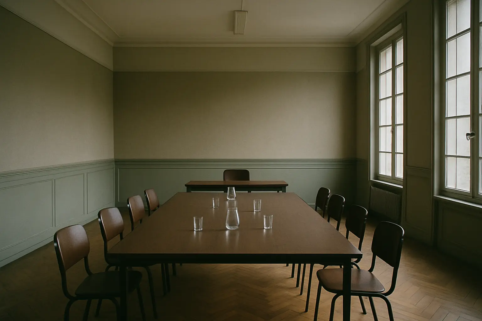 Salle de soutenance avec une table de jury et un pupitre de candidat