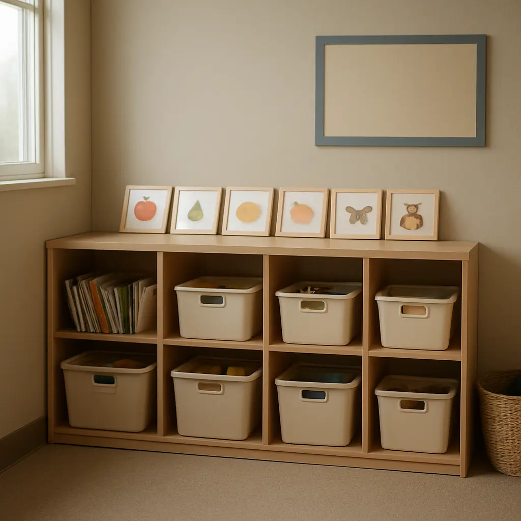 Étagère basse avec des boîtes de rangement étiquetées et des cartes images dans une salle de classe