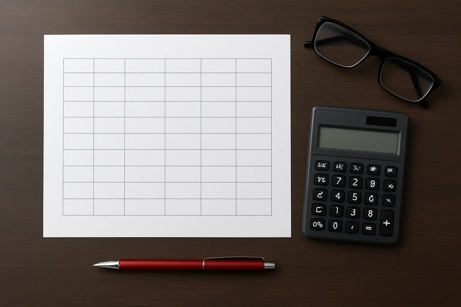 Grille d'évaluation imprimée posée à côté d'une calculatrice