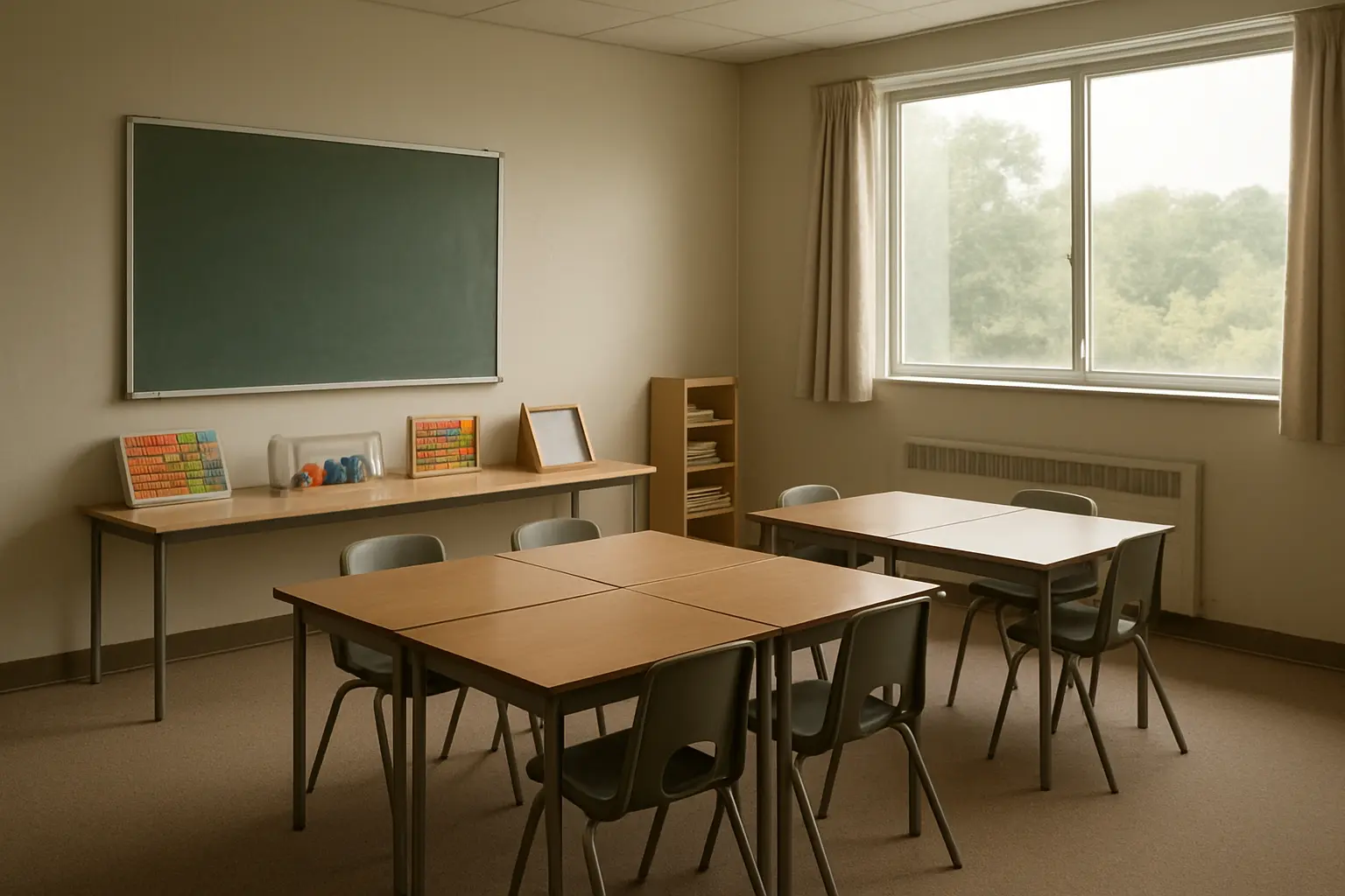 Petite salle de classe avec quelques tables disposées en îlot et du matériel pédagogique adapté