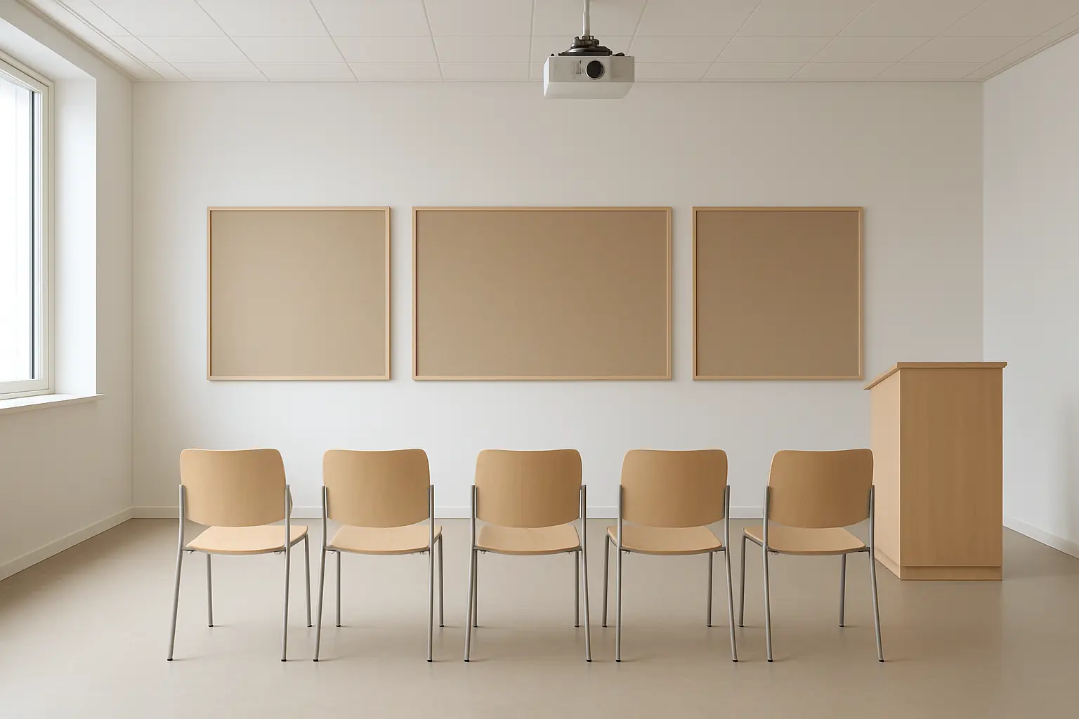 Salle d'école d'architecture préparée pour une soutenance devant cinq membres de jury