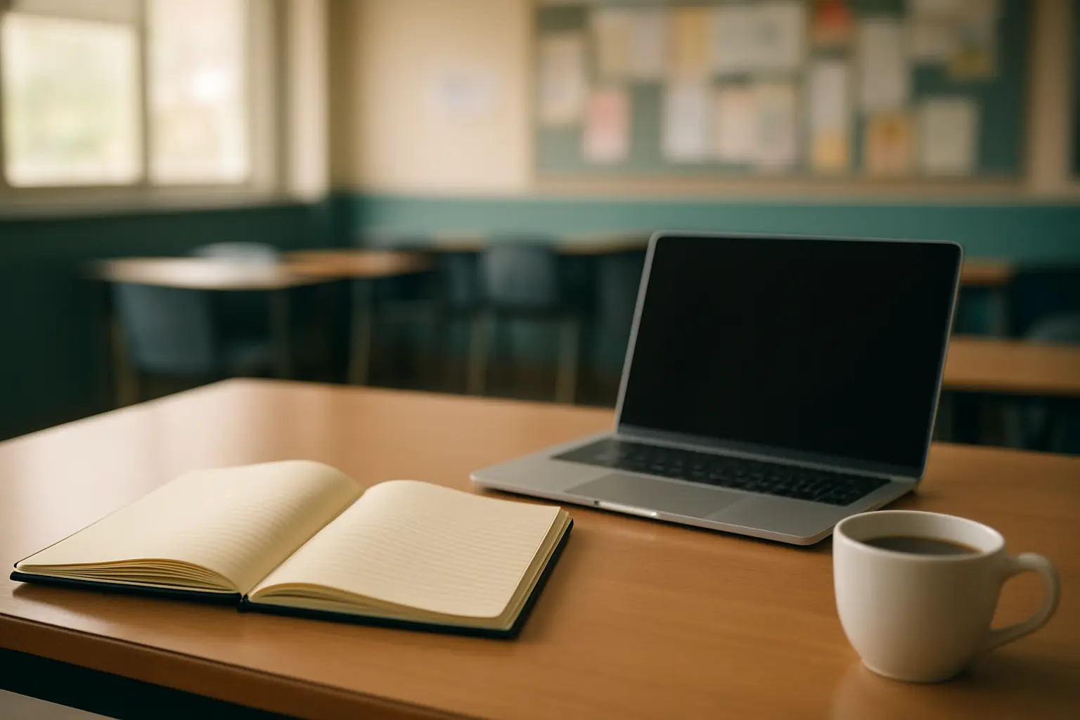Carnet de notes ouvert posé à côté d'un ordinateur portable sur une table de salle des professeurs