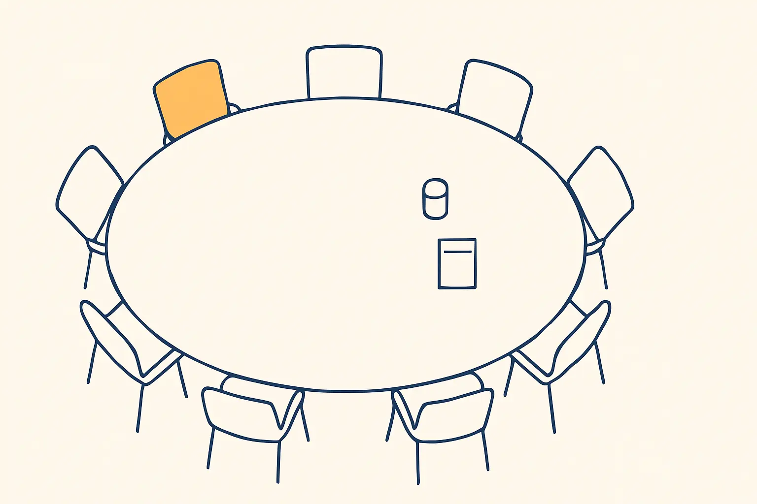 Table de réunion vue de dessus avec des chaises vides, symbolisant la gouvernance et les parties prenantes