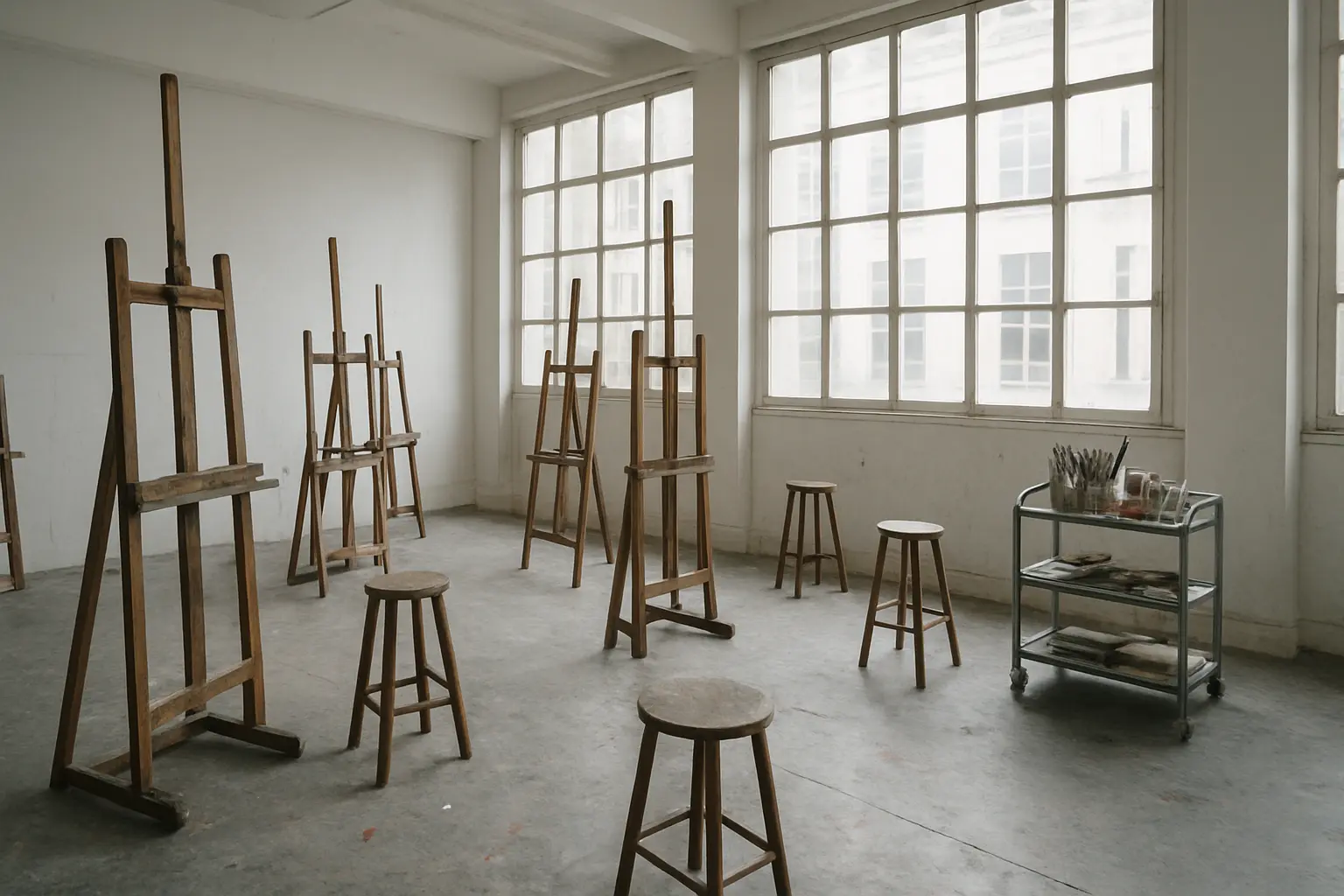 Atelier d'école supérieure d'art avec chevalets et travaux en cours