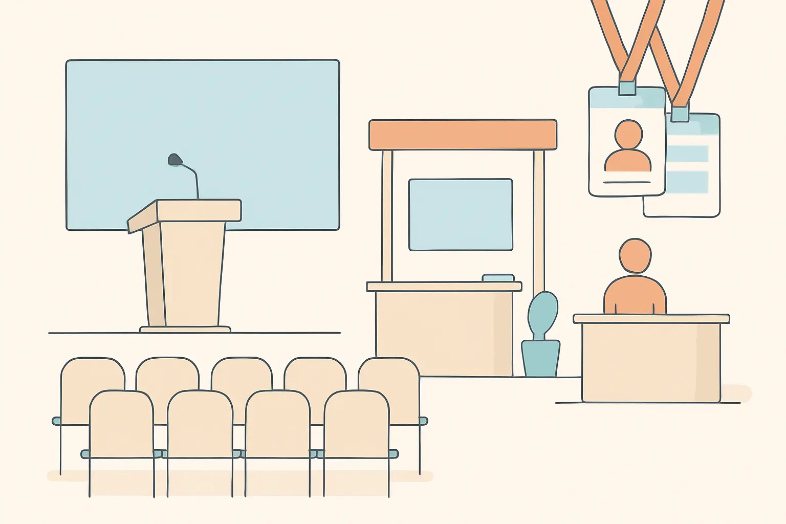 Salle de conférence stylisée avec badges et stands, symbolisant le tourisme d'affaires et l'événementiel