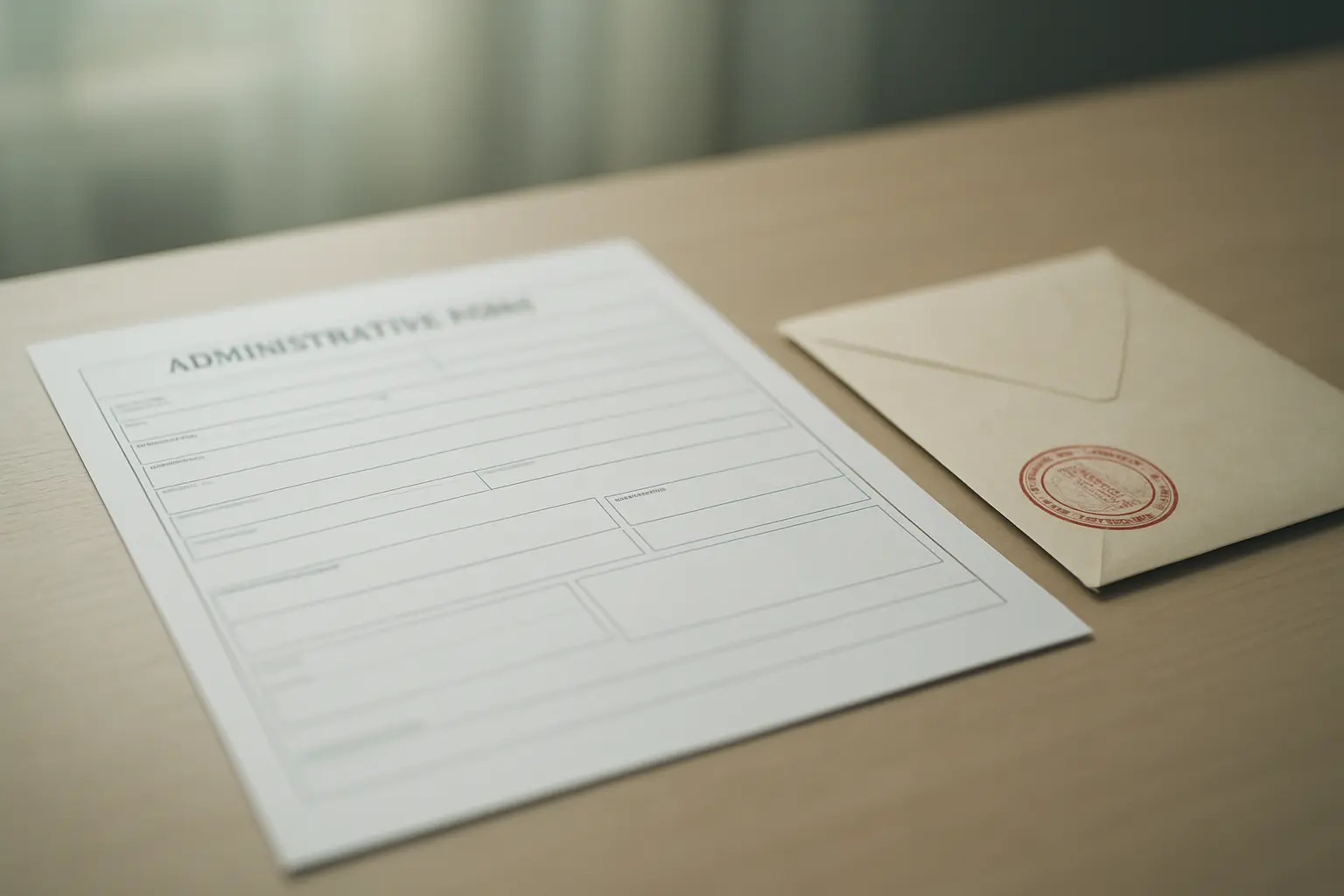 Formulaire administratif posé à côté d'une enveloppe timbrée sur une table