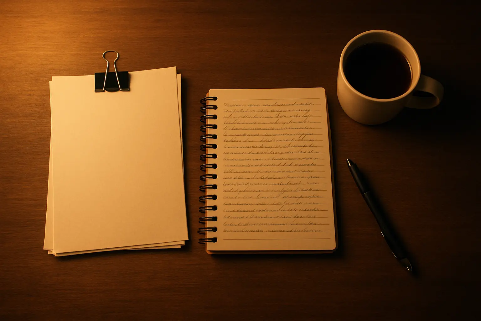 Document écrit de vingt pages posé sur une table avec des notes de terrain