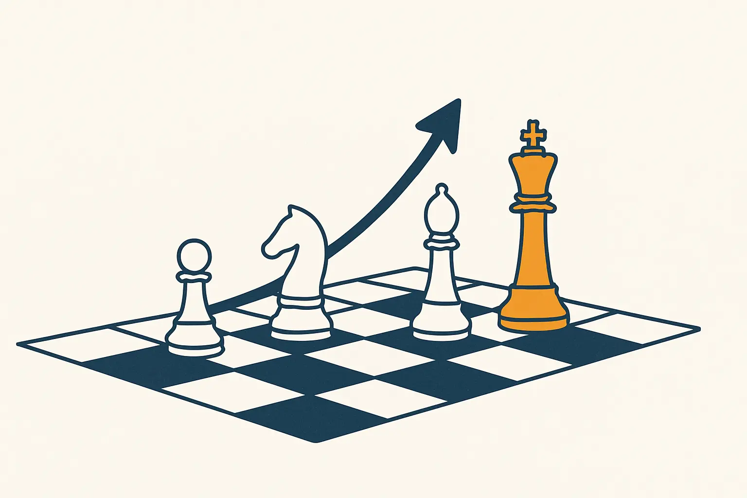 Échiquier stylisé avec quelques pièces et une flèche, symbolisant le choix d'une théorie de la stratégie