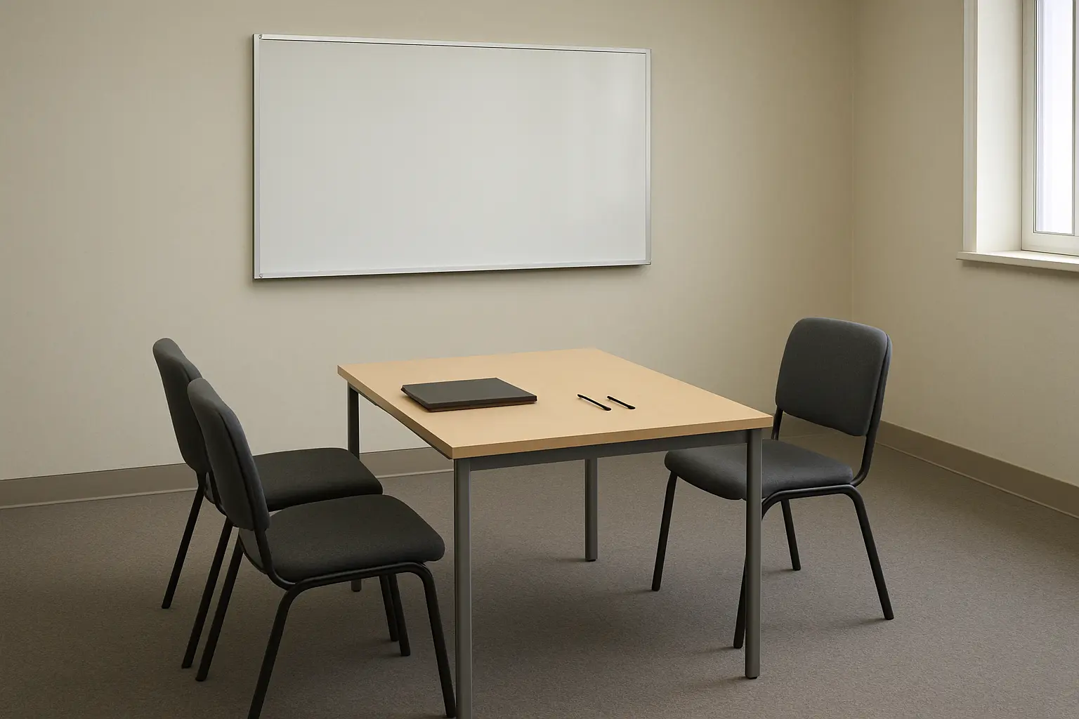 Salle d'examen préparée pour l'entretien final devant deux membres de jury