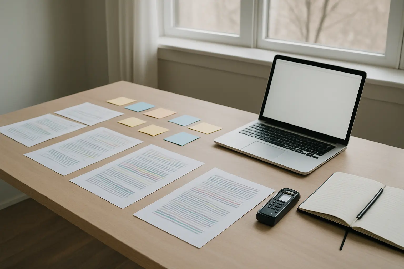 Table de travail avec entretiens transcrits et données pour un mémoire de recherche