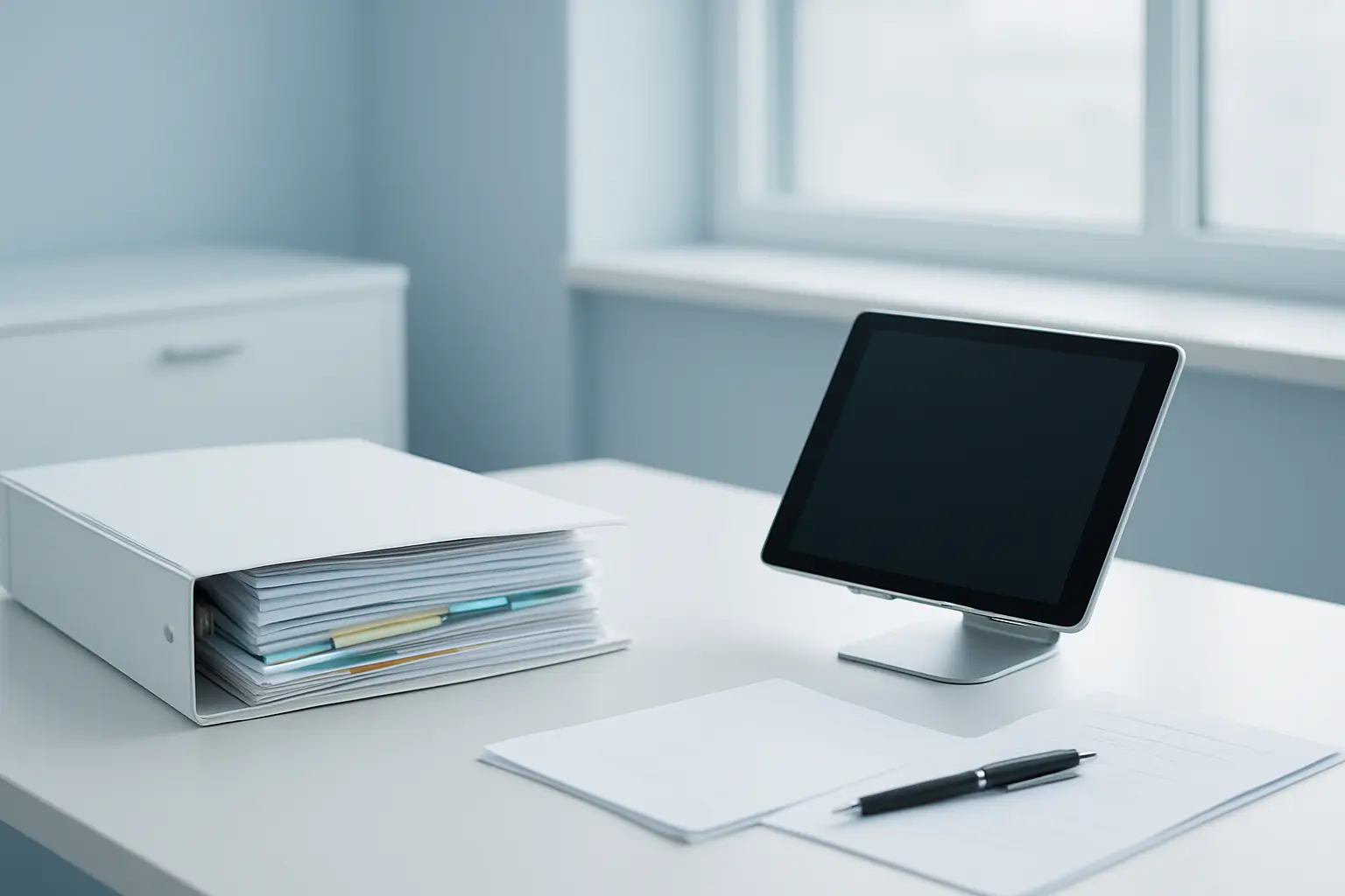 Classeur de portfolio et tablette côte à côte sur un bureau hospitalier