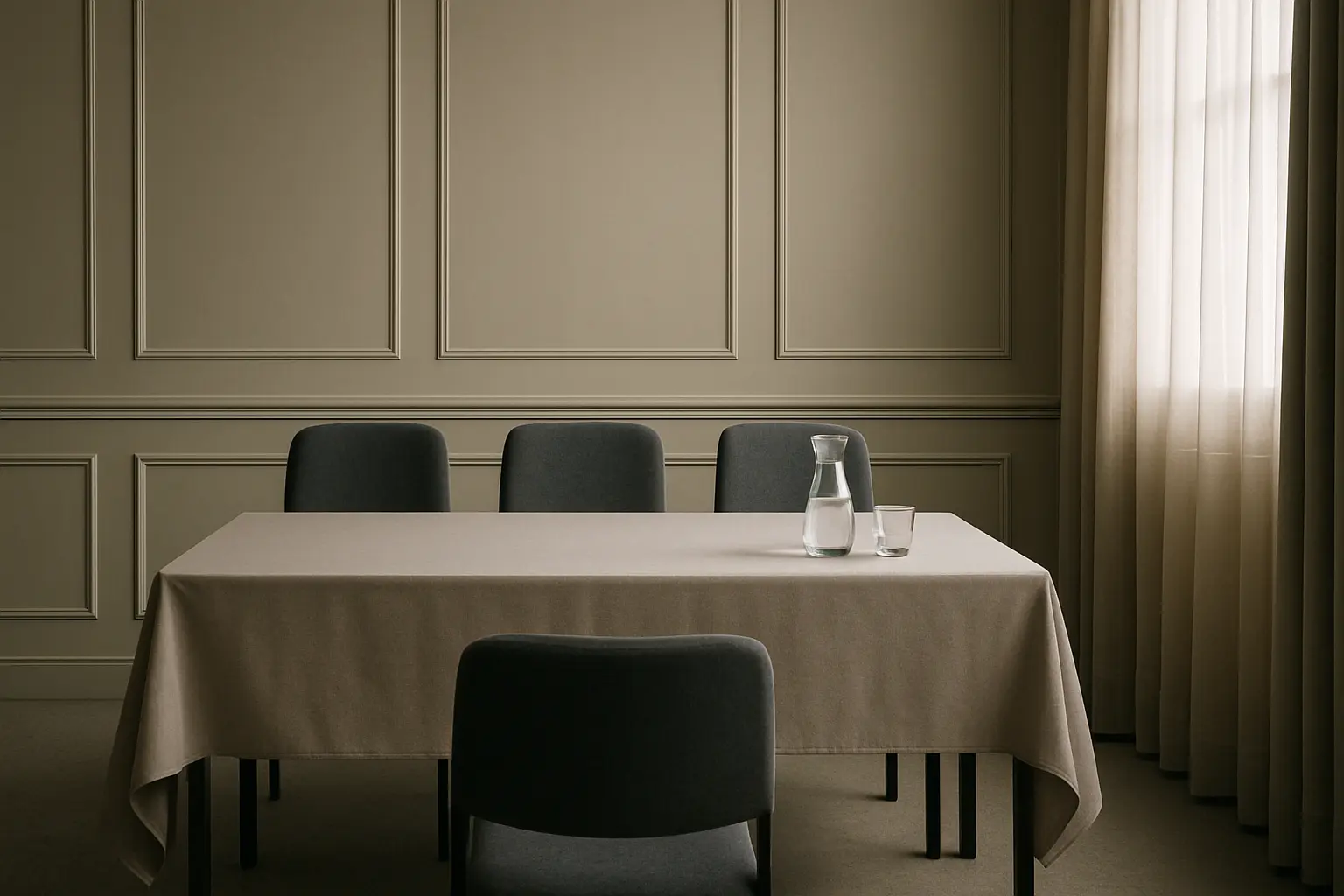 Petite salle préparée pour une soutenance devant trois membres de jury