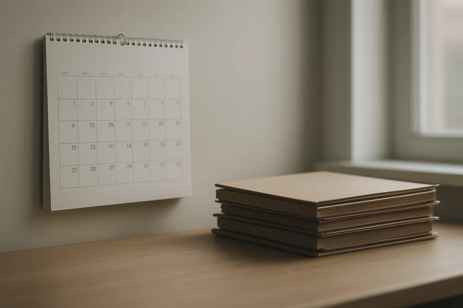Calendrier mural à côté d'une pile de chemises cartonnées sur un bureau