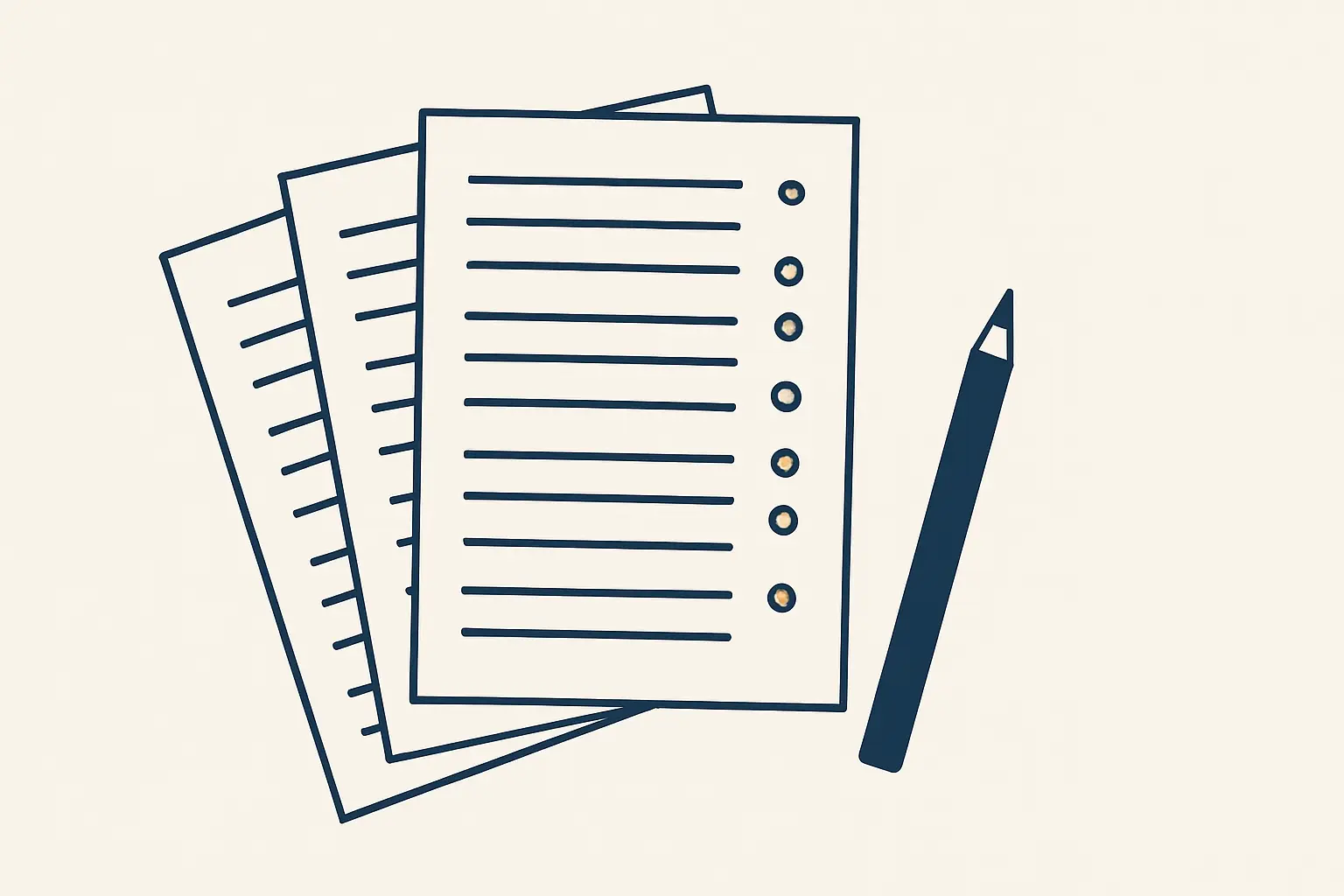 Trois questionnaires à échelle de Likert posés sur un bureau, une réponse cochée par ligne