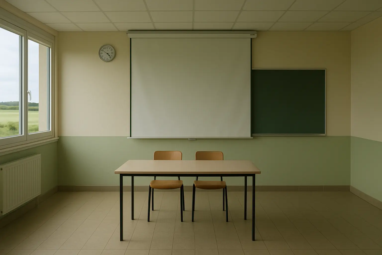 Salle de lycée agricole préparée pour une soutenance devant deux examinateurs