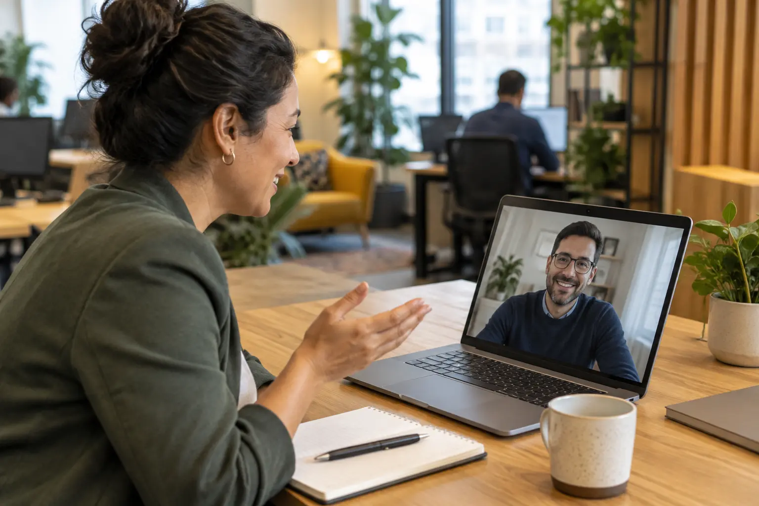 Manager de proximité échangeant avec un collaborateur en télétravail, illustration pour un avant-projet de mémoire RH