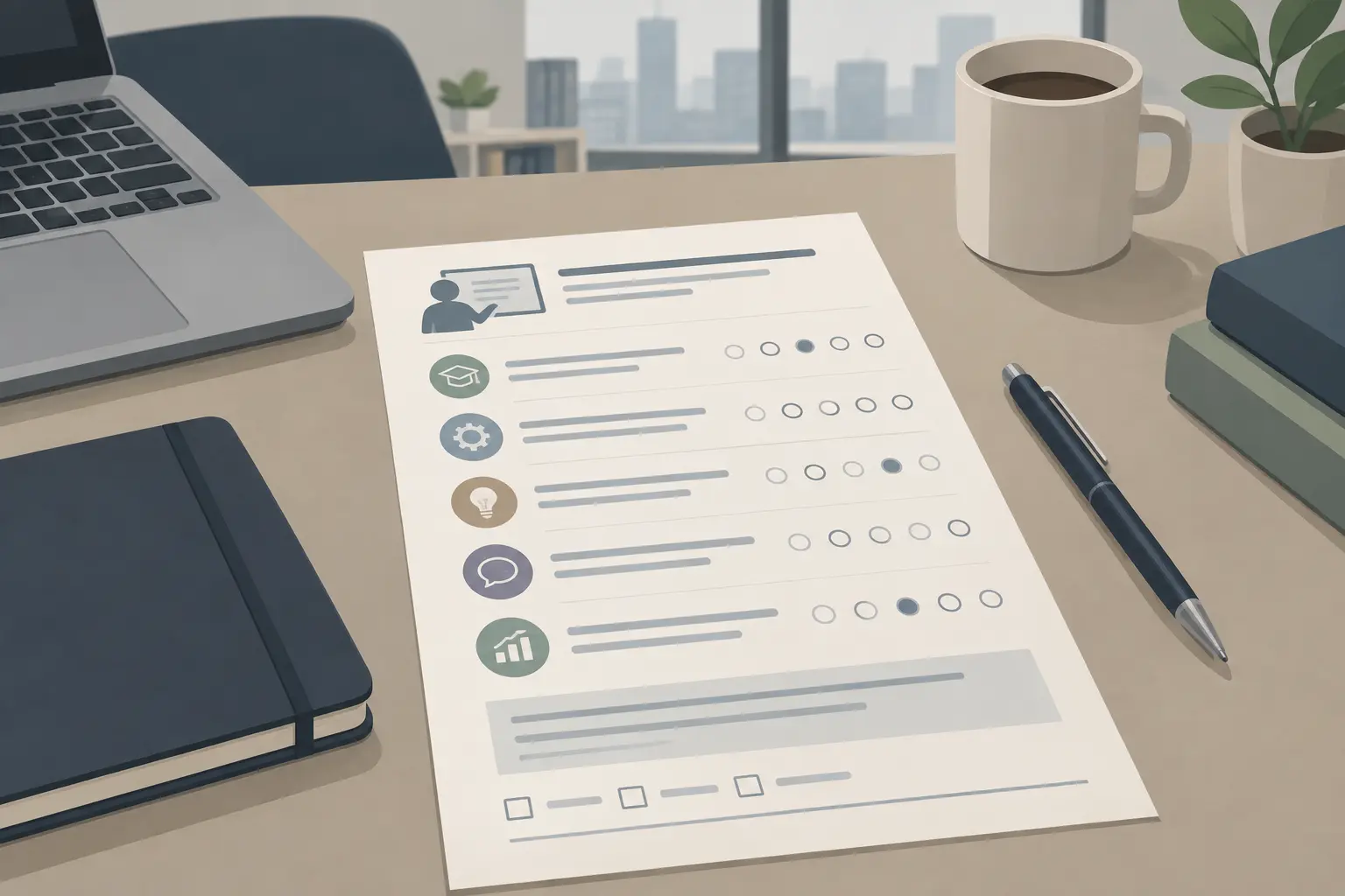 Illustration éditoriale d'un questionnaire d'évaluation de formation professionnelle