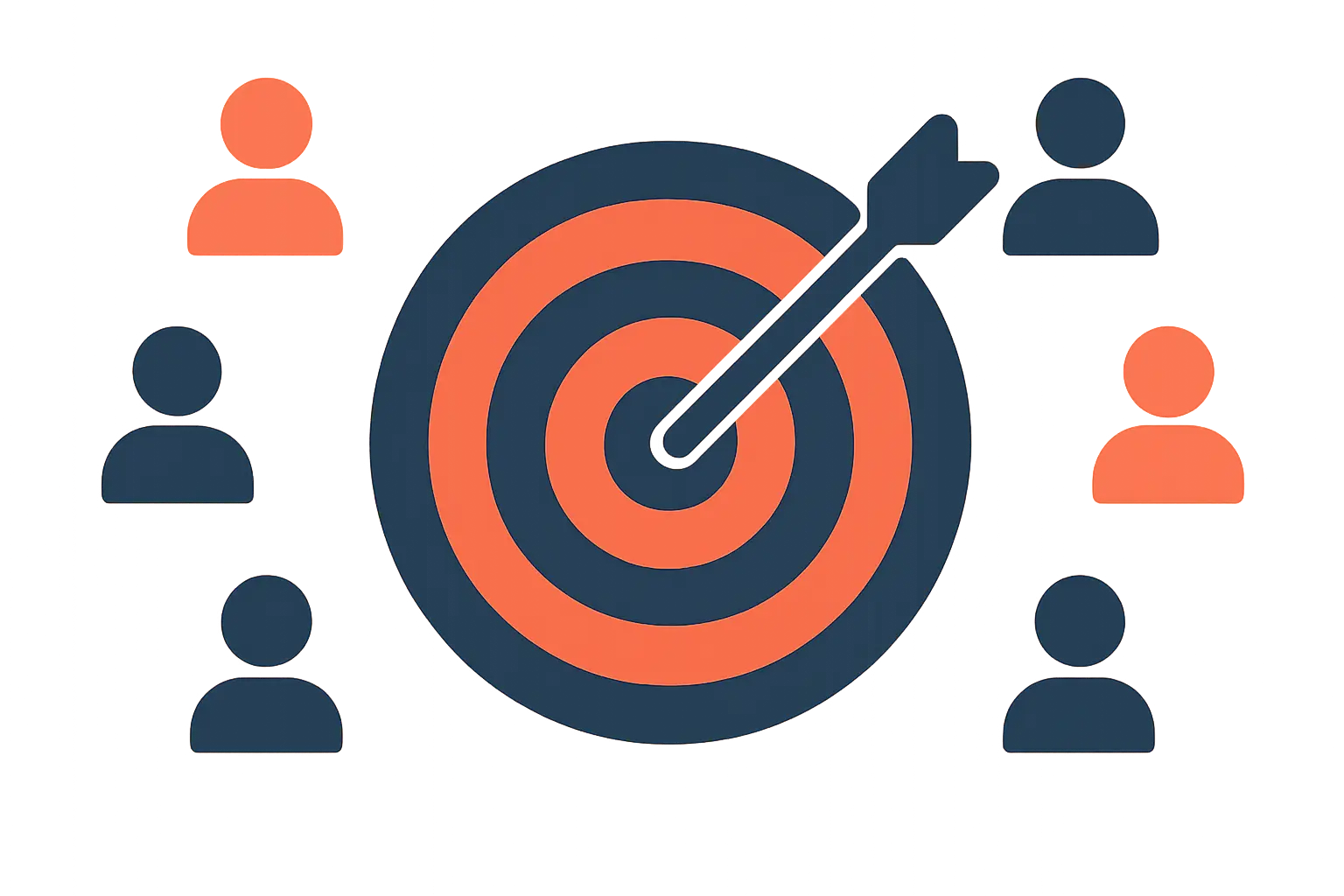 Illustration d'une cible entourée de figurines représentant la définition d'un segment de consommateurs pour un mémoire de marketing