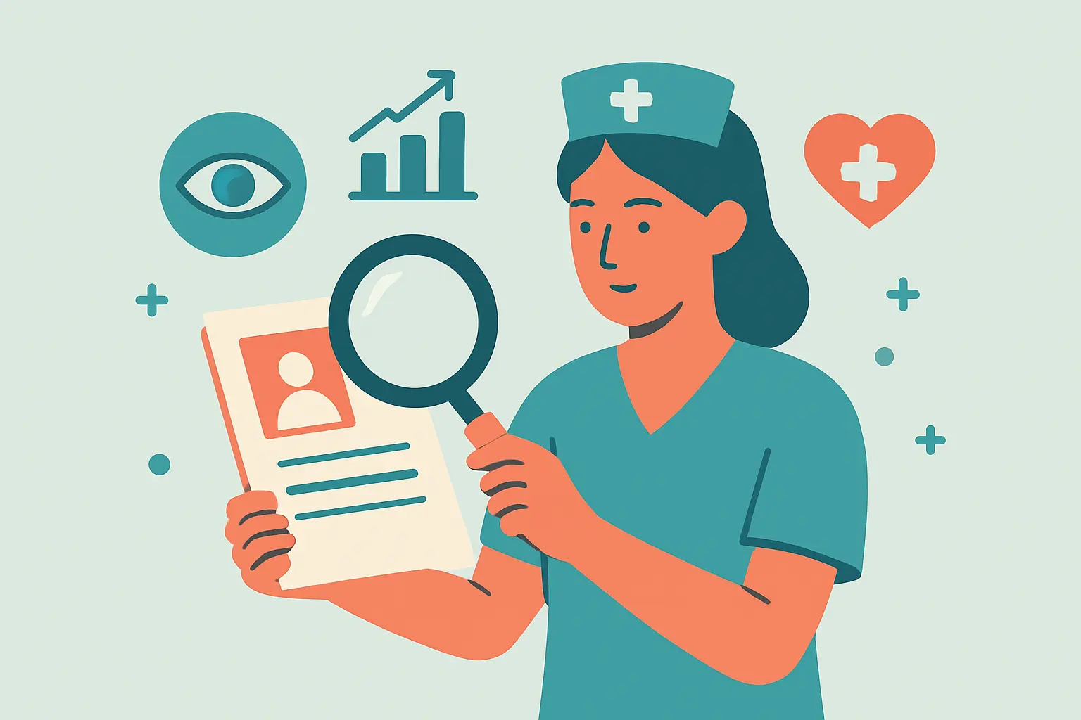 Illustration d'une infirmière analysant en profondeur une situation de soin pour un TFE en étude de cas clinique