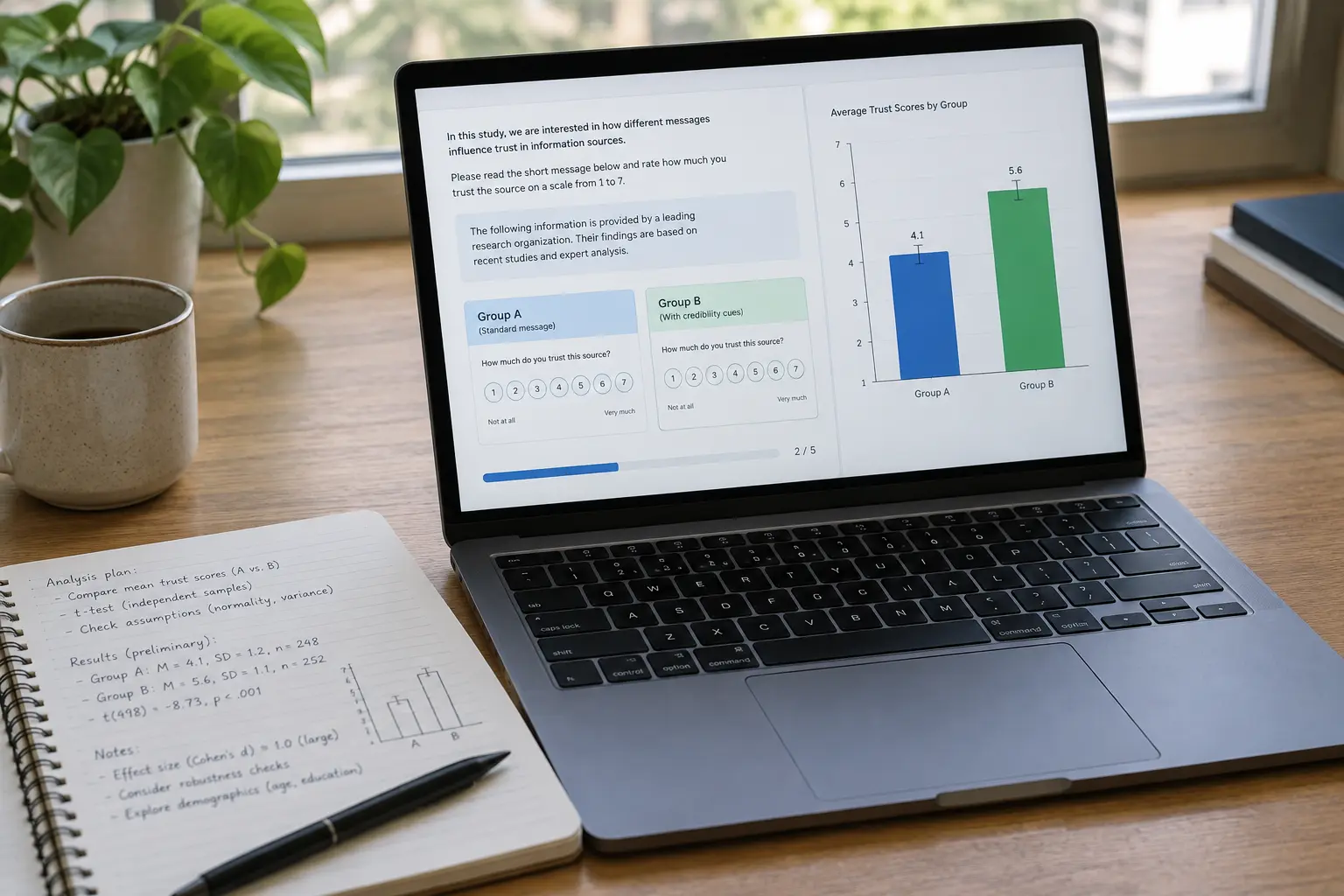 Écran d'analyse statistique comparant deux groupes de répondants dans un plan expérimental de marketing