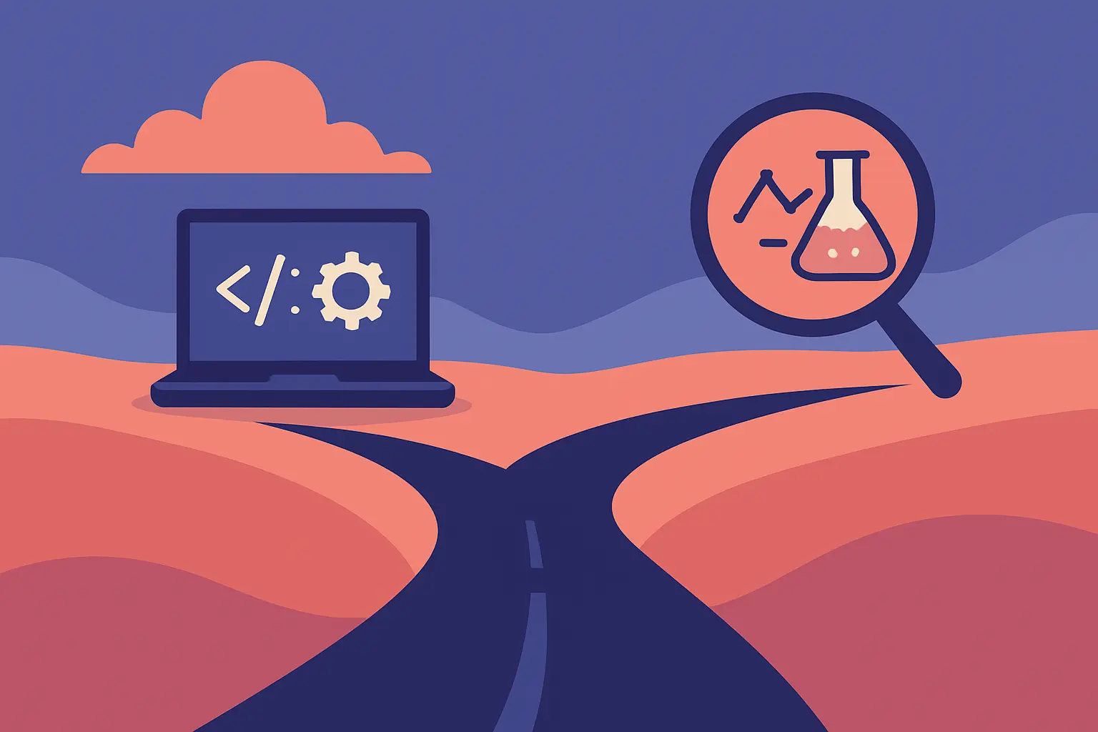 Illustration d'un embranchement symbolisant le choix entre un mémoire de projet logiciel et un mémoire de recherche empirique en informatique