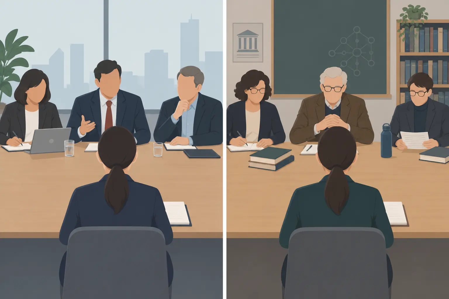 Illustration éditoriale d'un jury de soutenance évaluant un mémoire d'informatique selon le niveau du diplôme