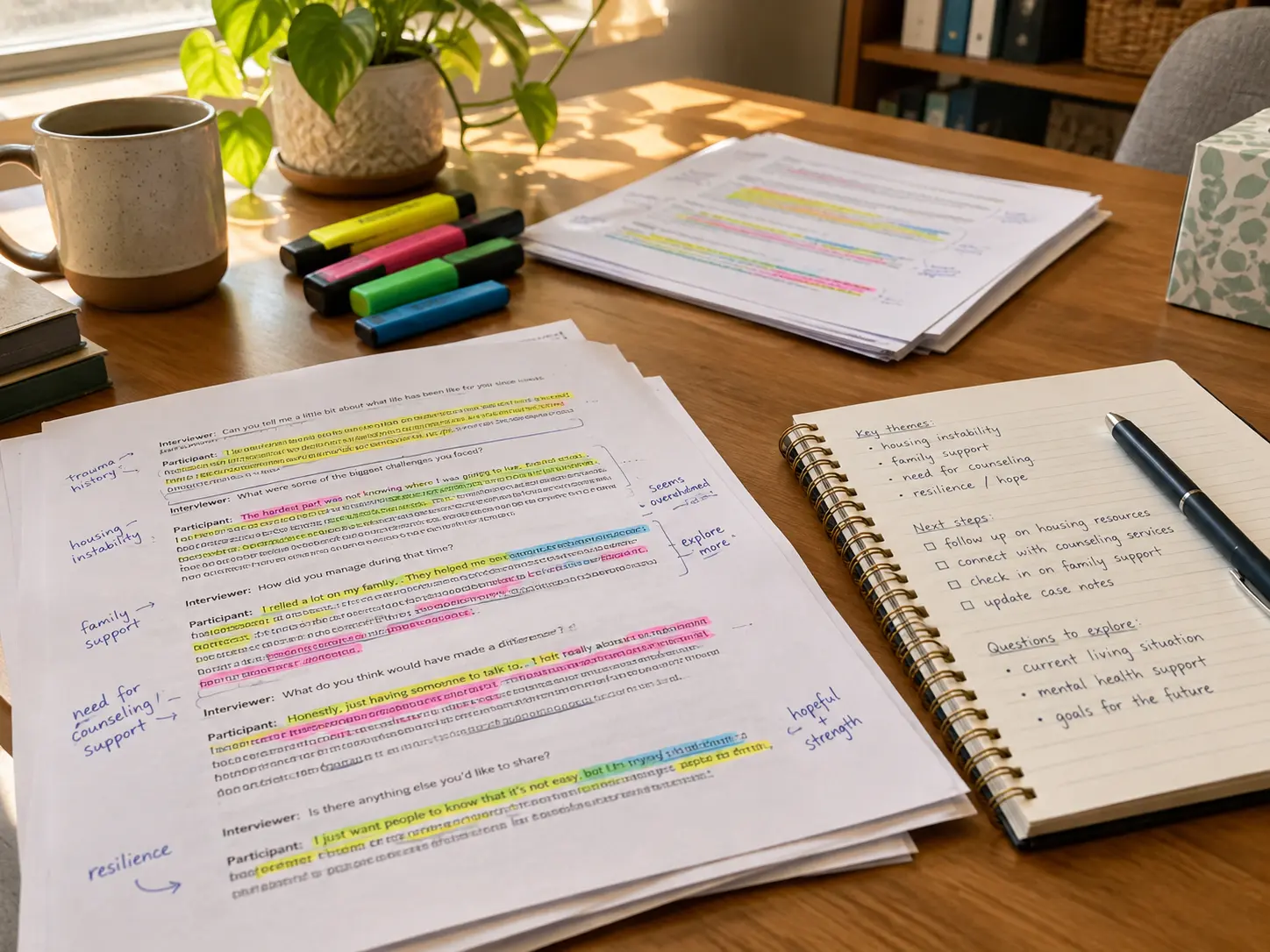 Transcriptions d'entretiens annotées et surlignées pour un codage qualitatif en travail social
