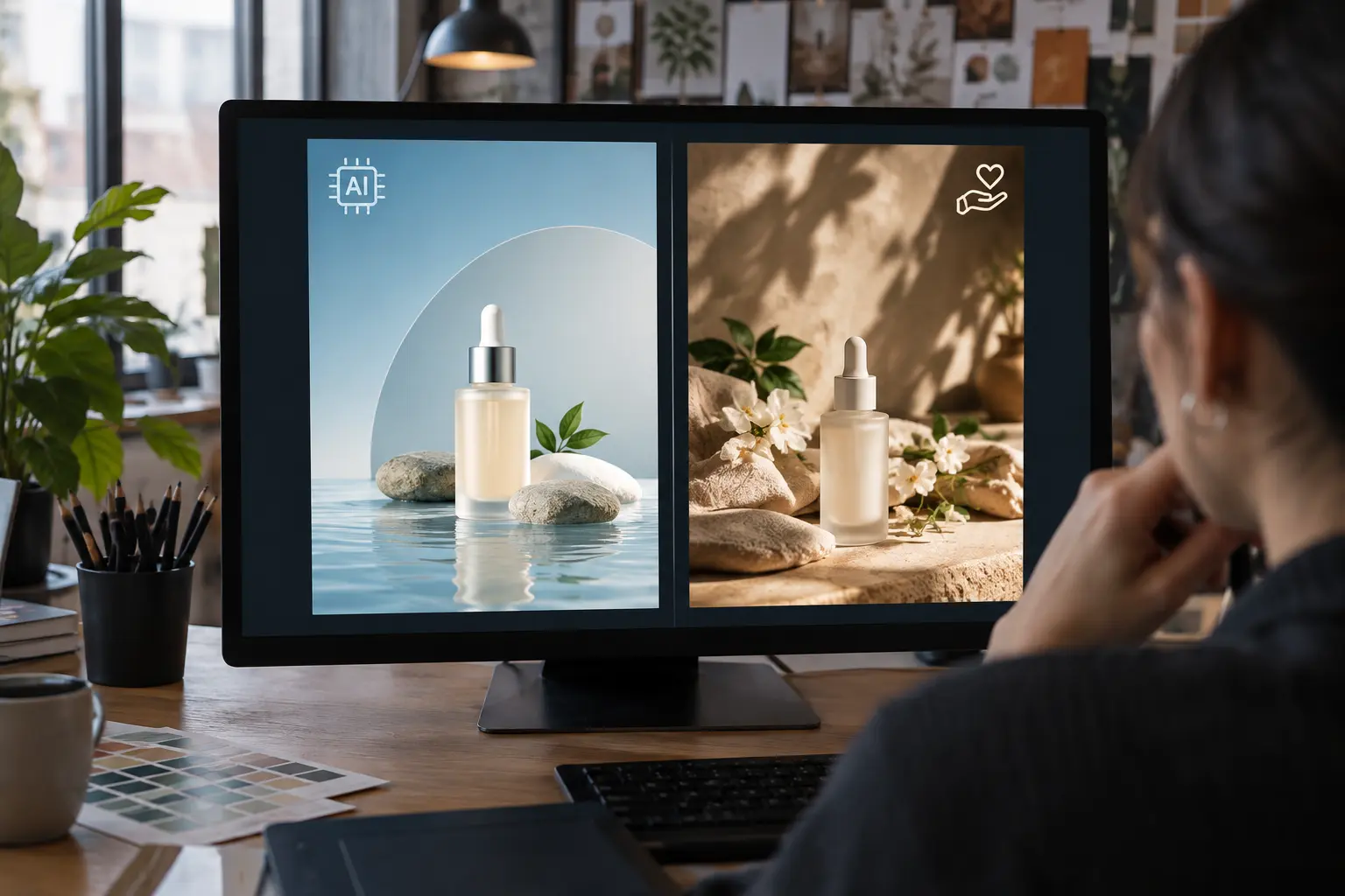 Comparaison de deux contenus publicitaires, l'un généré par IA et l'autre conçu par des créatifs humains, pour un mémoire de marketing