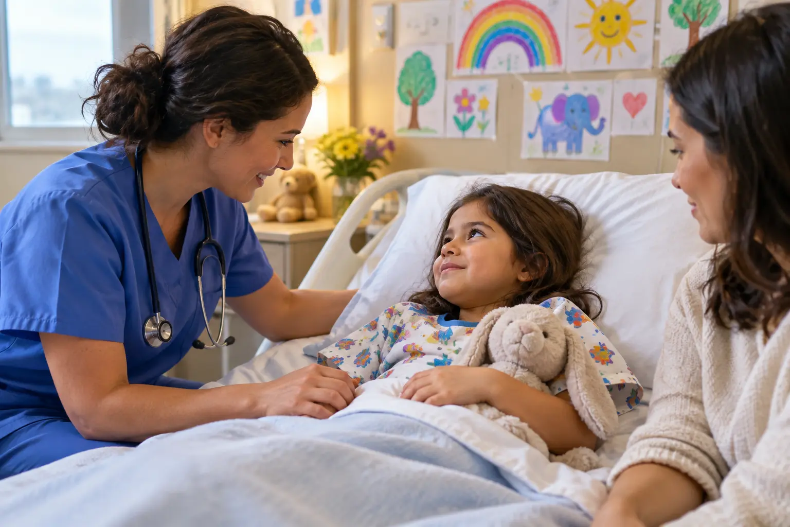 Infirmière réconfortant un enfant hospitalisé en présence d'un parent, illustration pour un mémoire en soins infirmiers pédiatriques