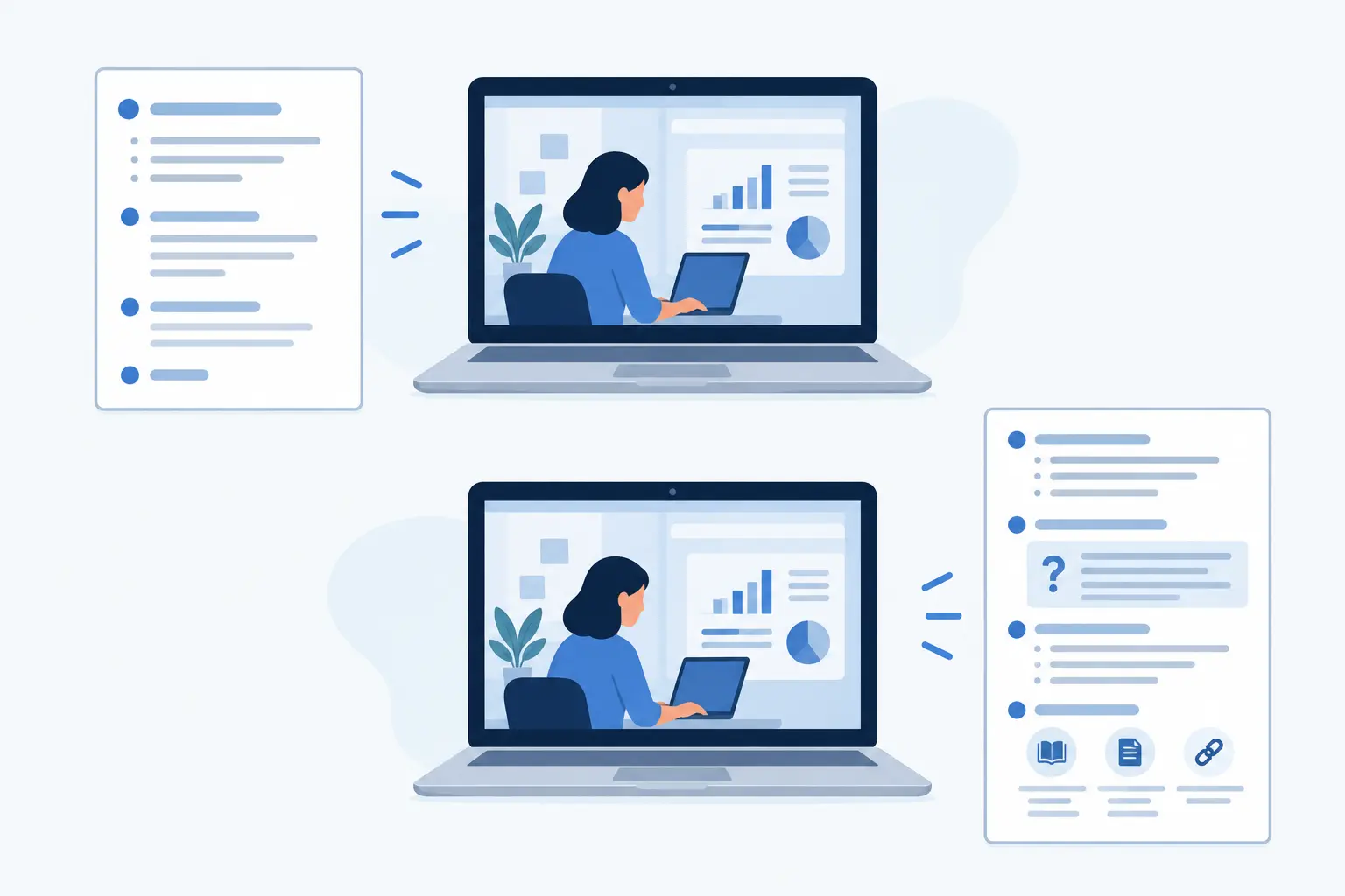 Illustration éditoriale comparant les attentes d'un mémoire de Licence Professionnelle et d'un mémoire de Master en informatique