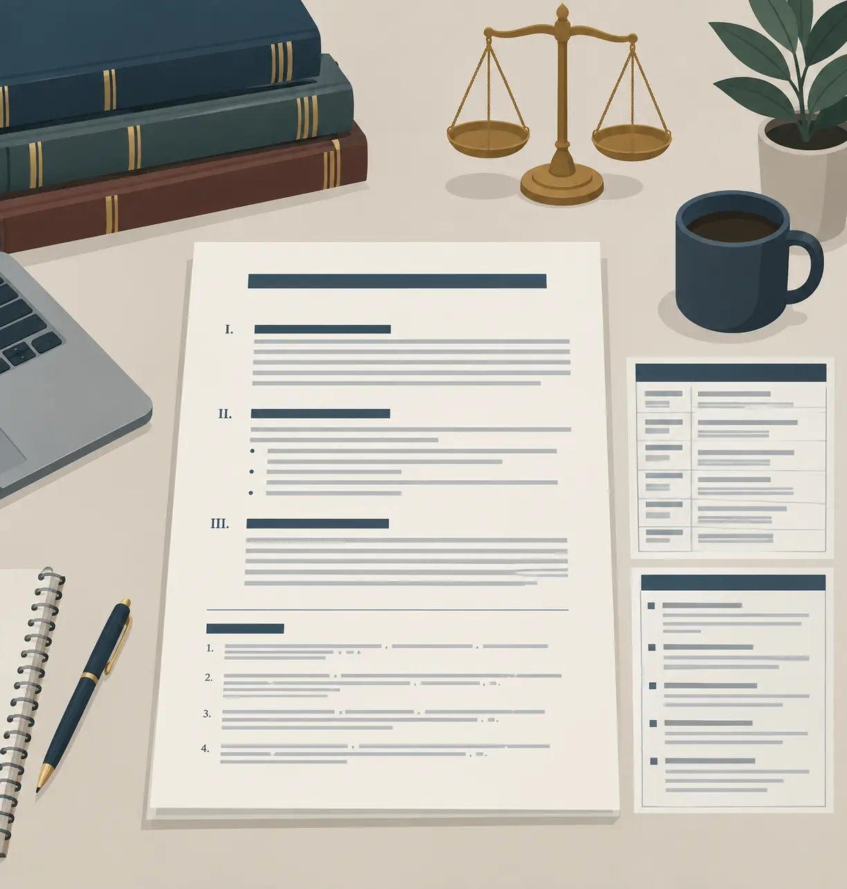 Illustration éditoriale d'un dossier juridique correctement structuré avec tables et citations