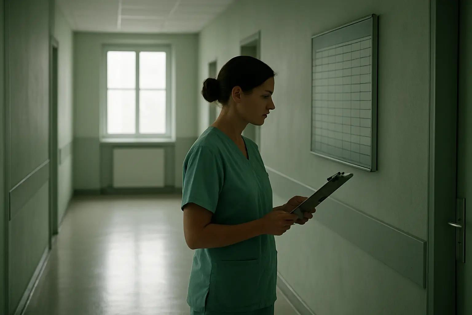 Infirmière consultant un planning de service, illustrant la base de sondage d'un mémoire de fin d'études en soins infirmiers