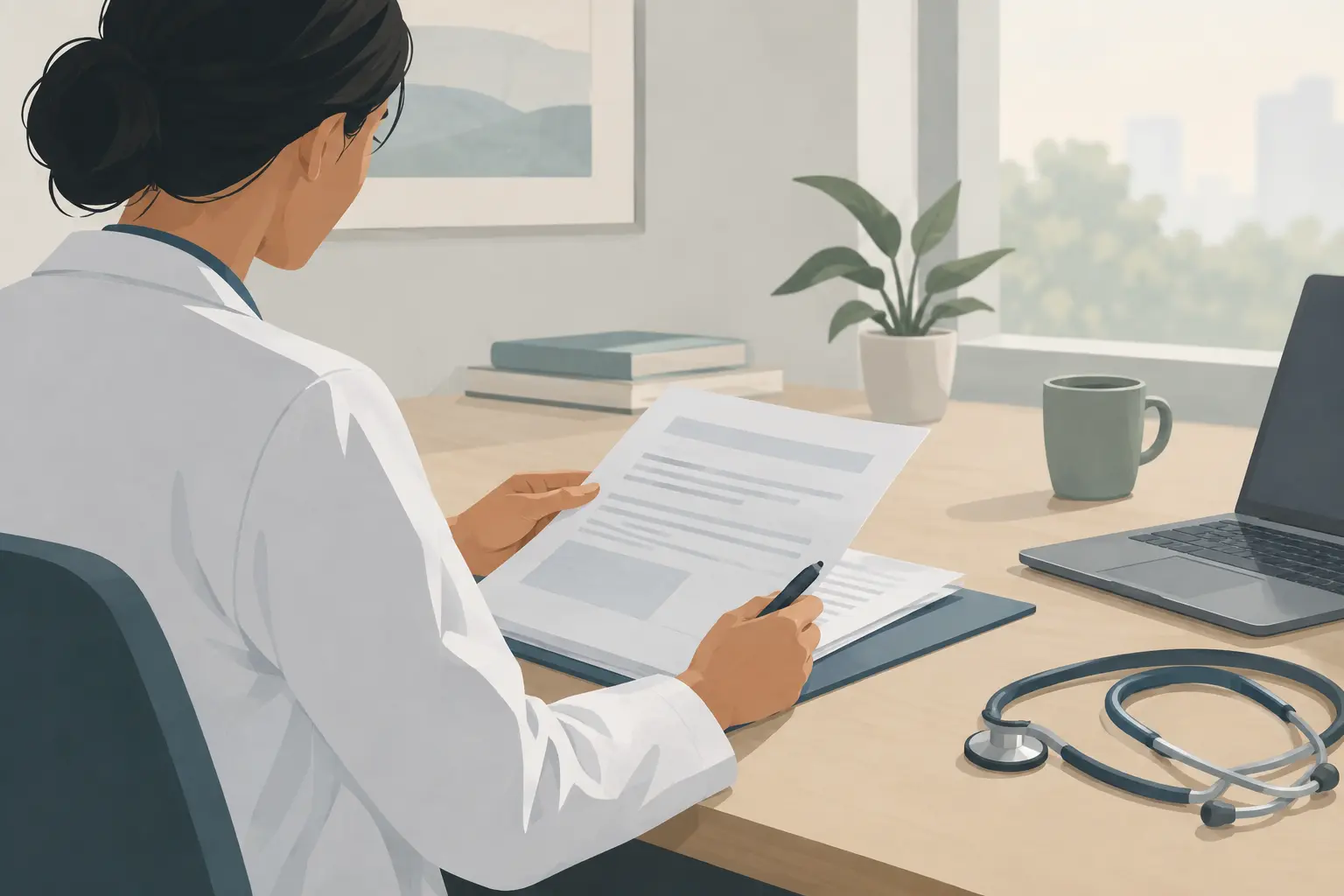 Illustration d'un soignant consultant une documentation clinique dans un contexte apaisé