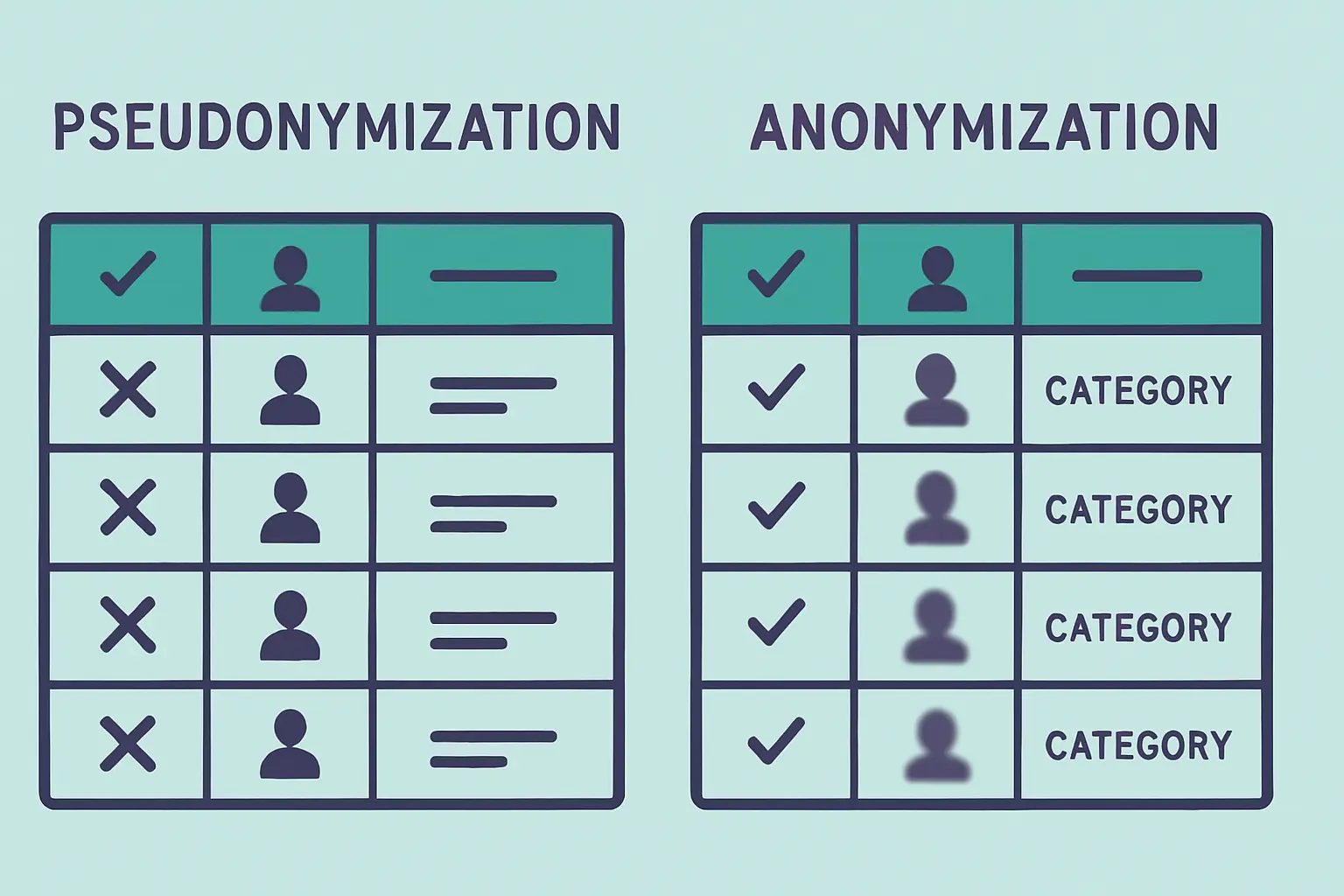 Illustration comparant la pseudonymisation réversible et l'anonymisation irréversible d'un jeu de données