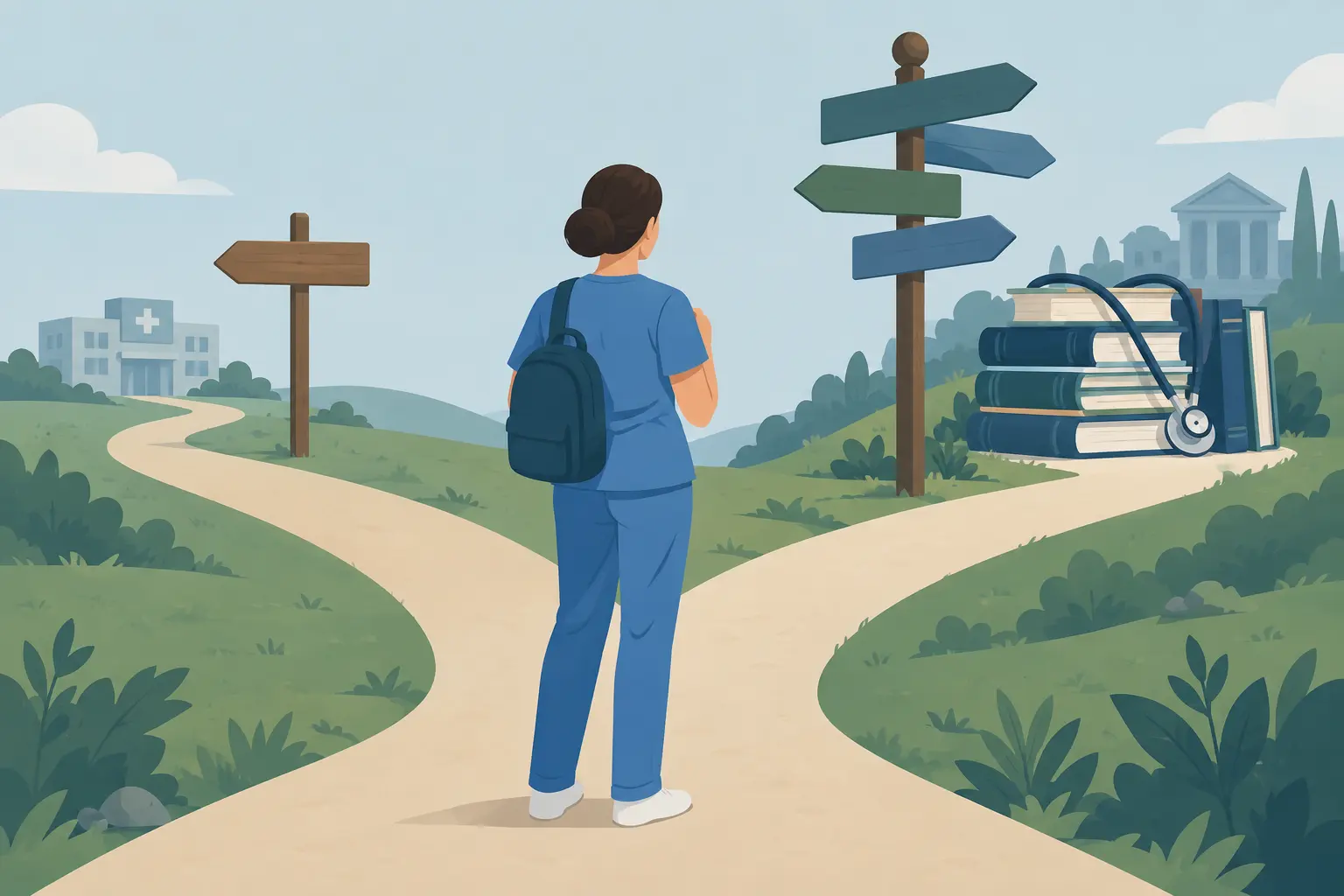 Illustration éditoriale d'un infirmier diplômé reprenant ses études pour le diplôme d'infirmier en pratique avancée