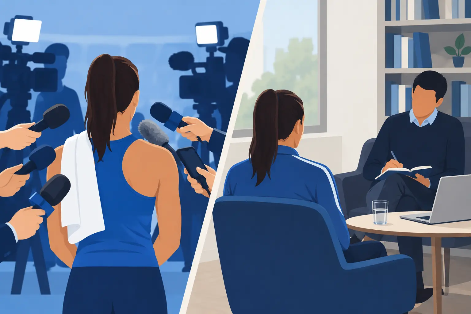 Illustration éditoriale d'un entretien de recherche avec un athlète de haut niveau, distinct d'une interview médiatique