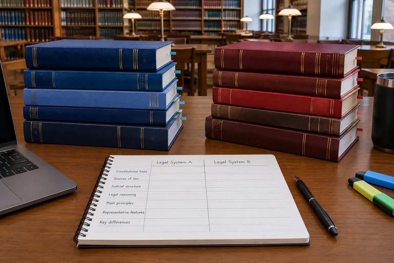 Deux piles de codes juridiques et un tableau de comparaison, illustration d'une étude de cas comparée en droit