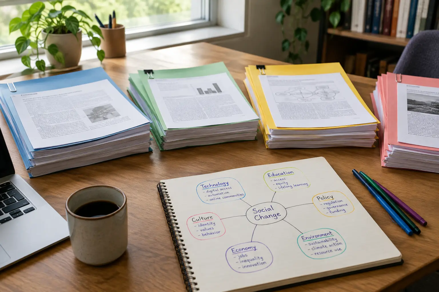 Articles académiques organisés en piles pour cartographier la littérature avant d'identifier une lacune de recherche en gestion