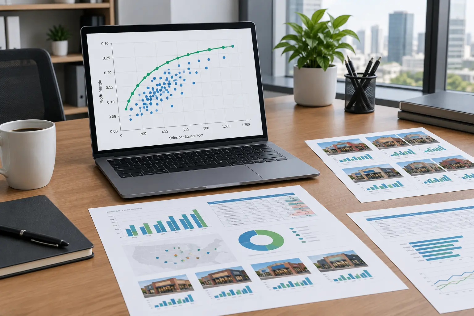 Analyste examinant une frontière d'efficience sur un graphique pour comparer plusieurs unités avec la méthode DEA