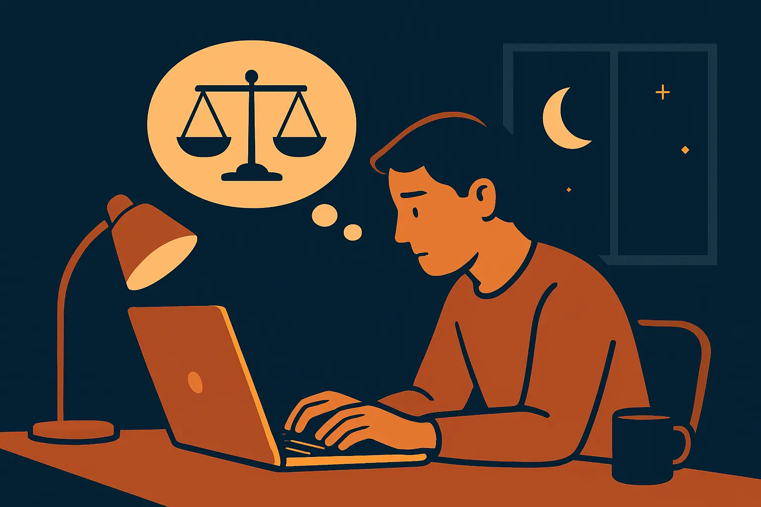Illustration d'un étudiant rédigeant la section limites de son mémoire de psychologie tard le soir