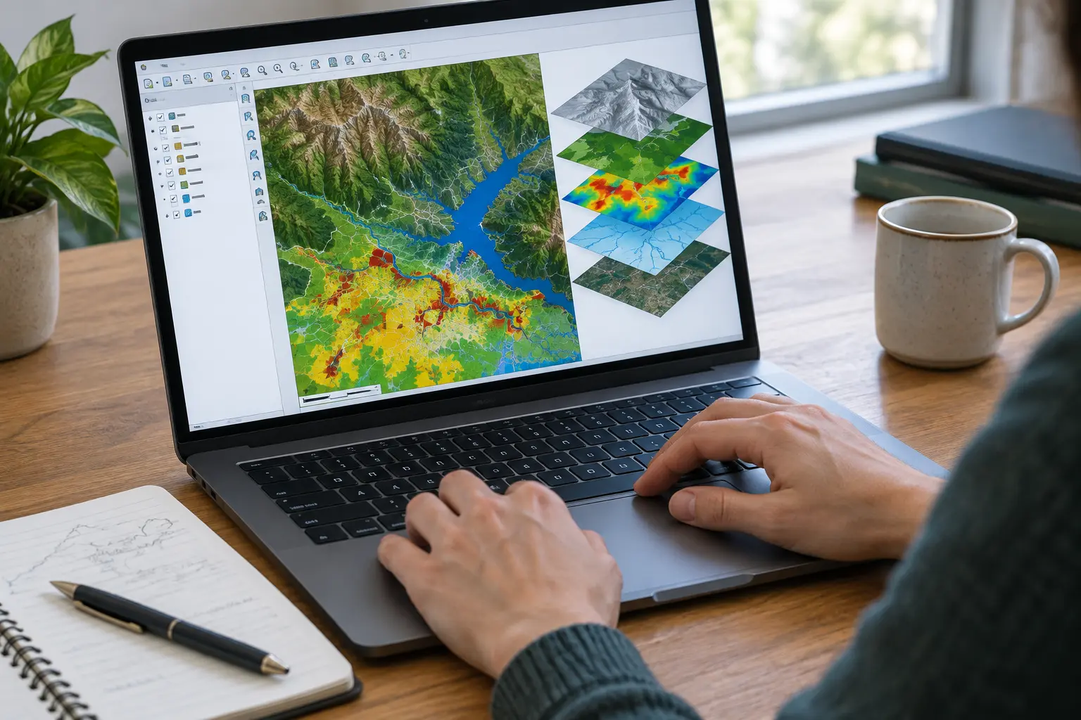 Chercheur analysant des couches de données géographiques dans un logiciel SIG pour un mémoire d'environnement