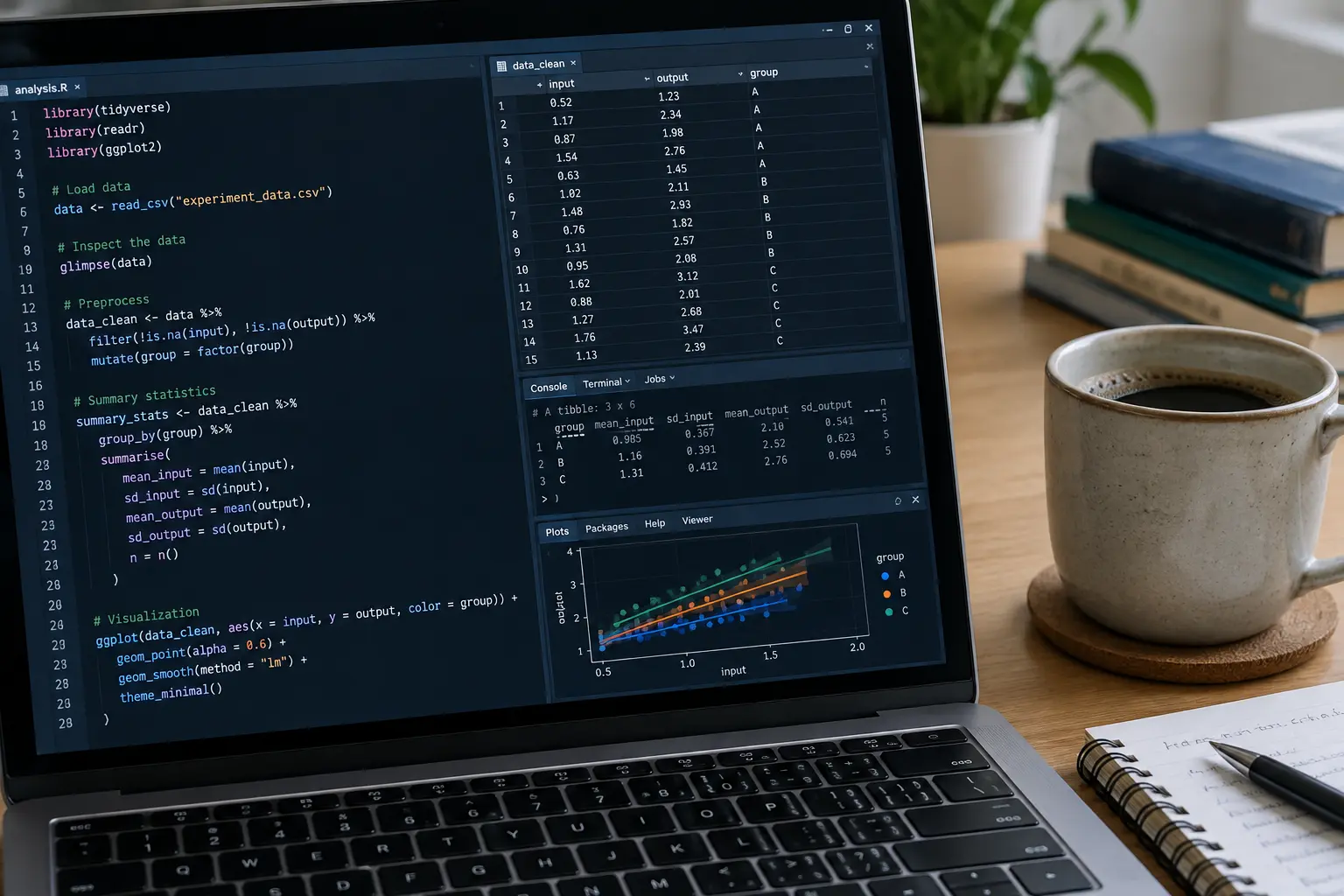 Écran d'ordinateur montrant du code R et un tableau de données pour une analyse d'efficience DEA