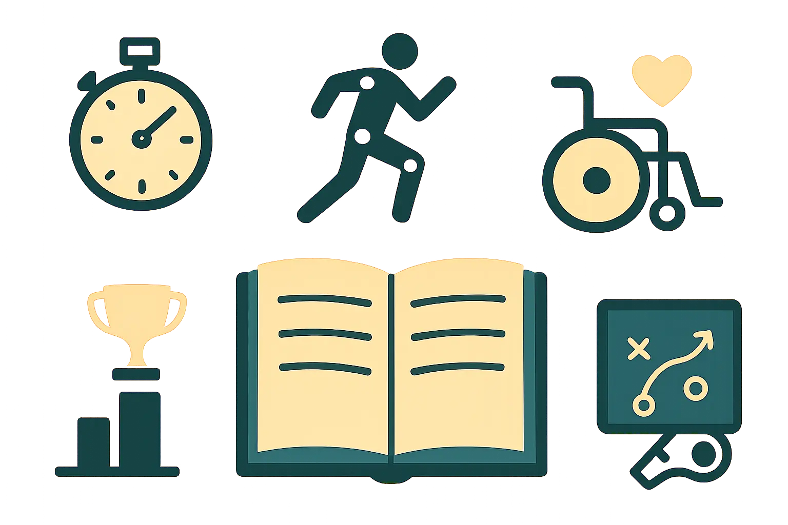 Illustration représentant les cinq spécialités du mémoire STAPS : entraînement, biomécanique, APAS, management et enseignement de l'EPS